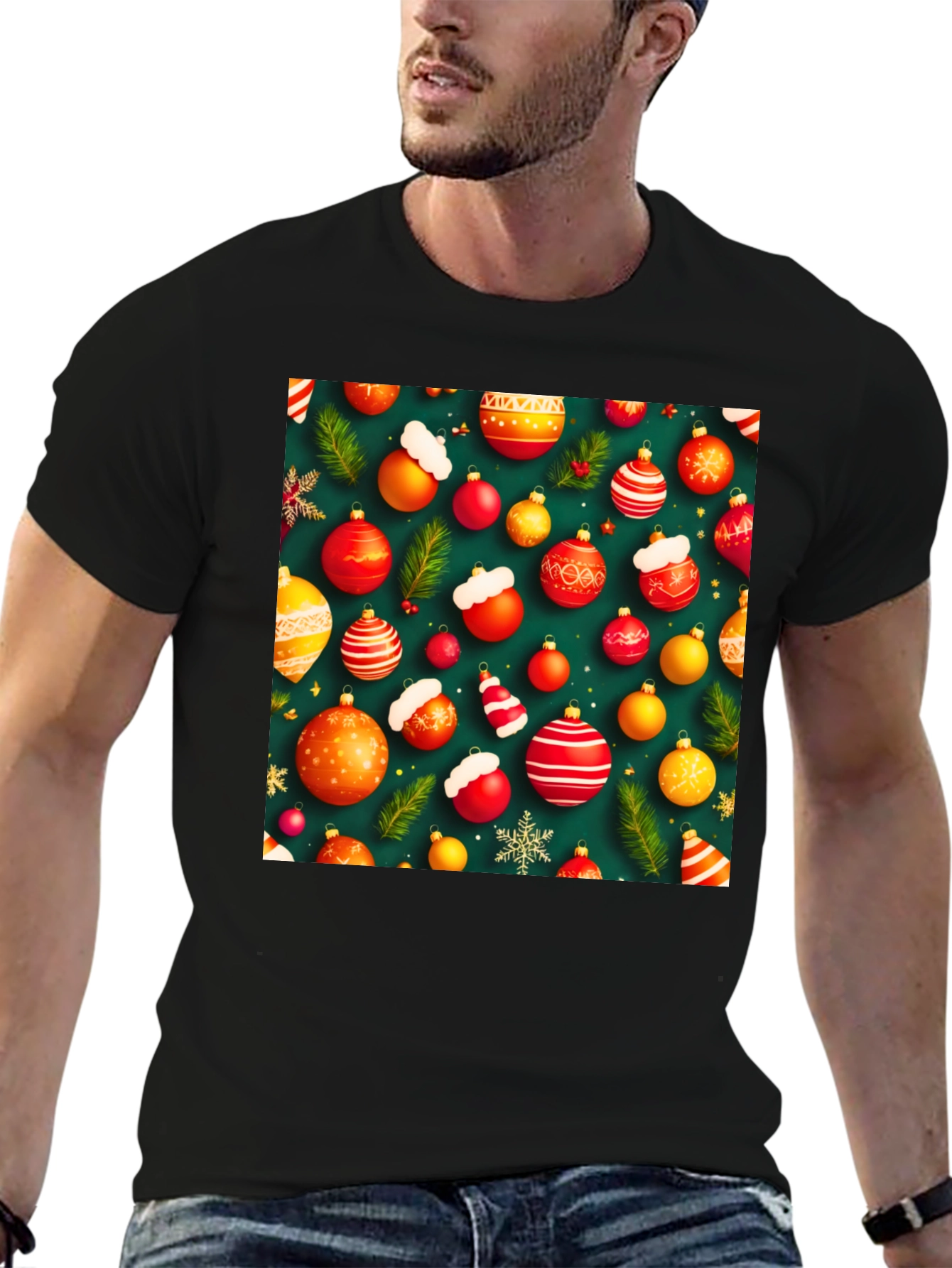 Black Festive Holiday Ornament Pattern T-Shirt view 6