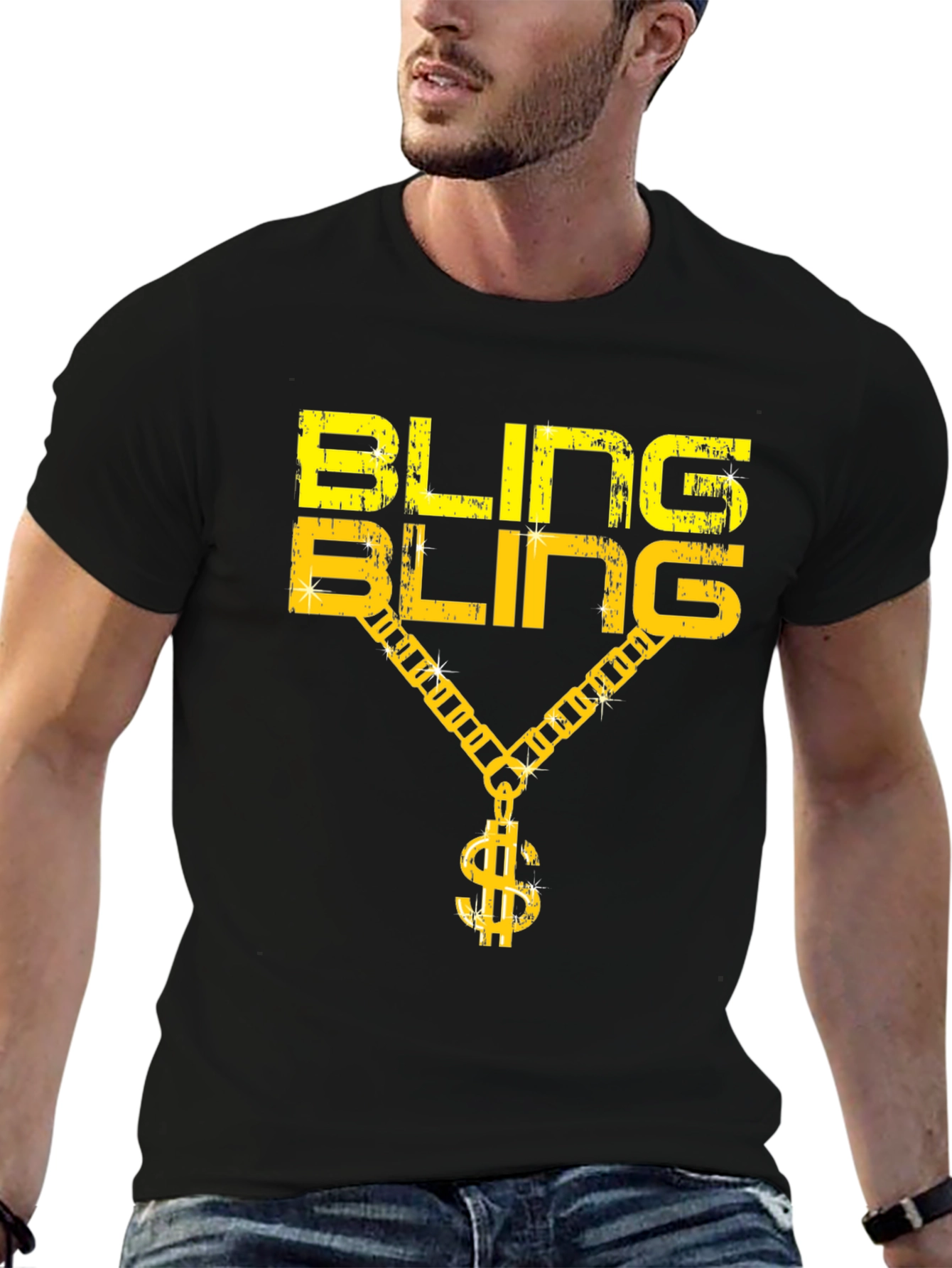 Black Bling Bling Graphic Print Crew Neck T-Shirt view 6