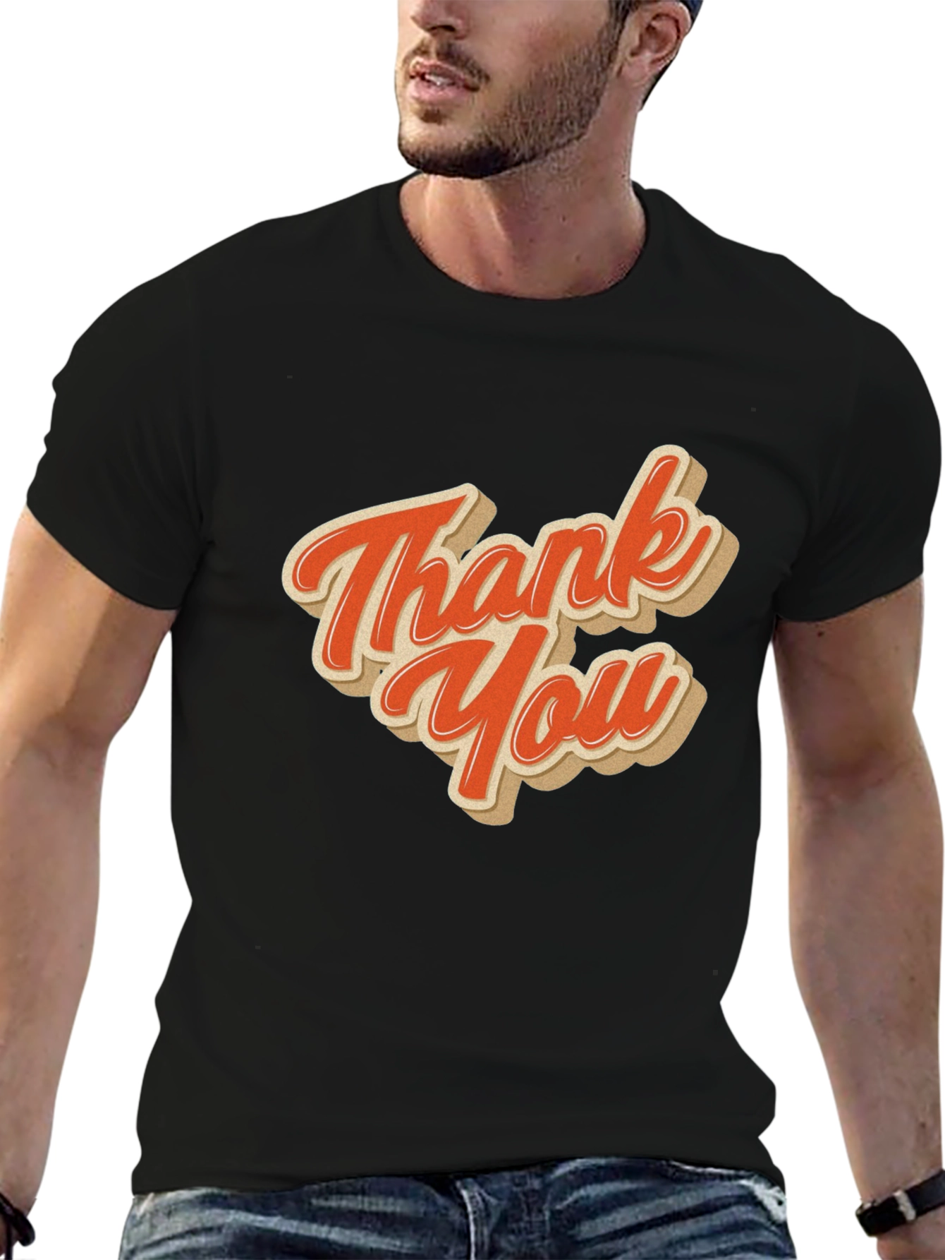 Black Retro Thank You Graphic Tee - Black Cotton Blend view 6