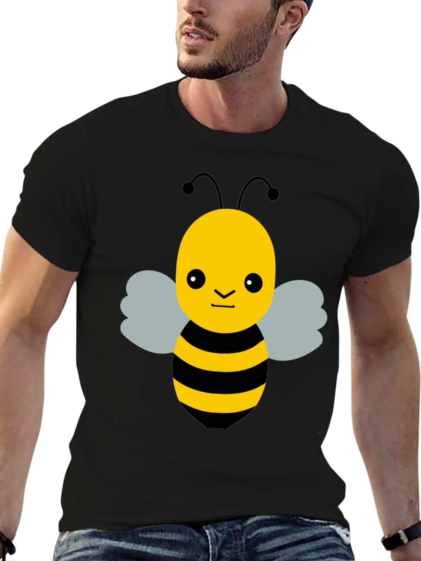 Black Cute Cartoon Bee Graphic Black T-Shirt view 6