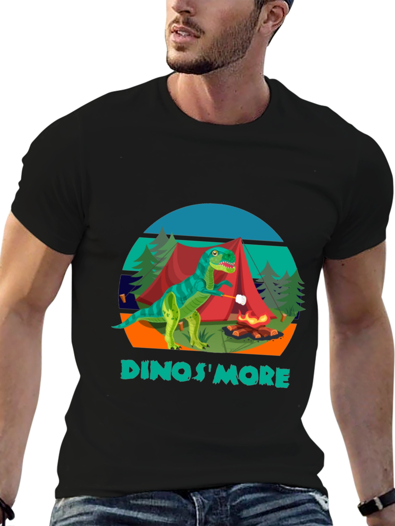 Black Dinos'More Black T-Shirt - Camping Dinosaur view 6