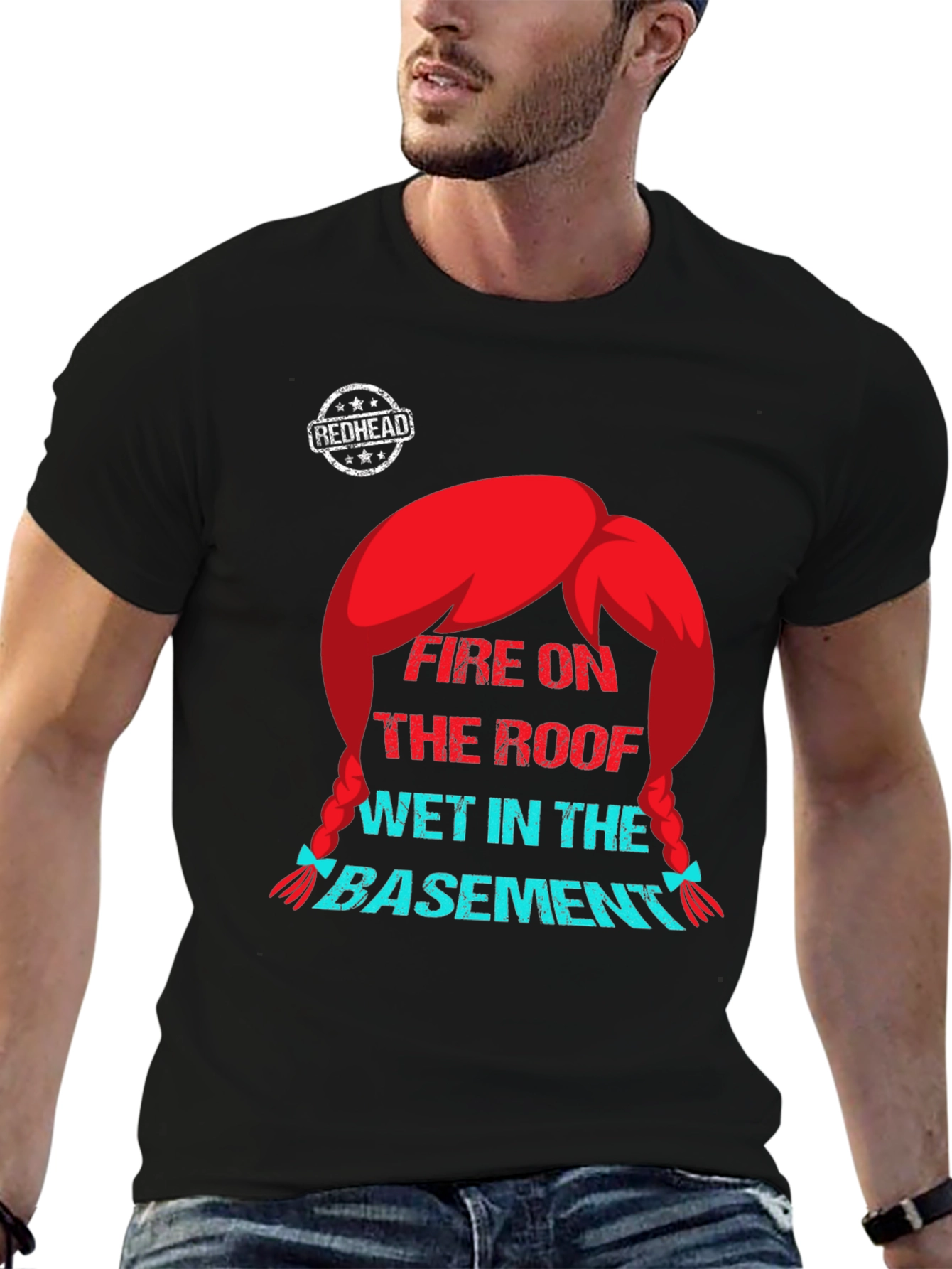 Black Redhead Fire on the Roof T-Shirt - Novelty Graphic Tee view 6