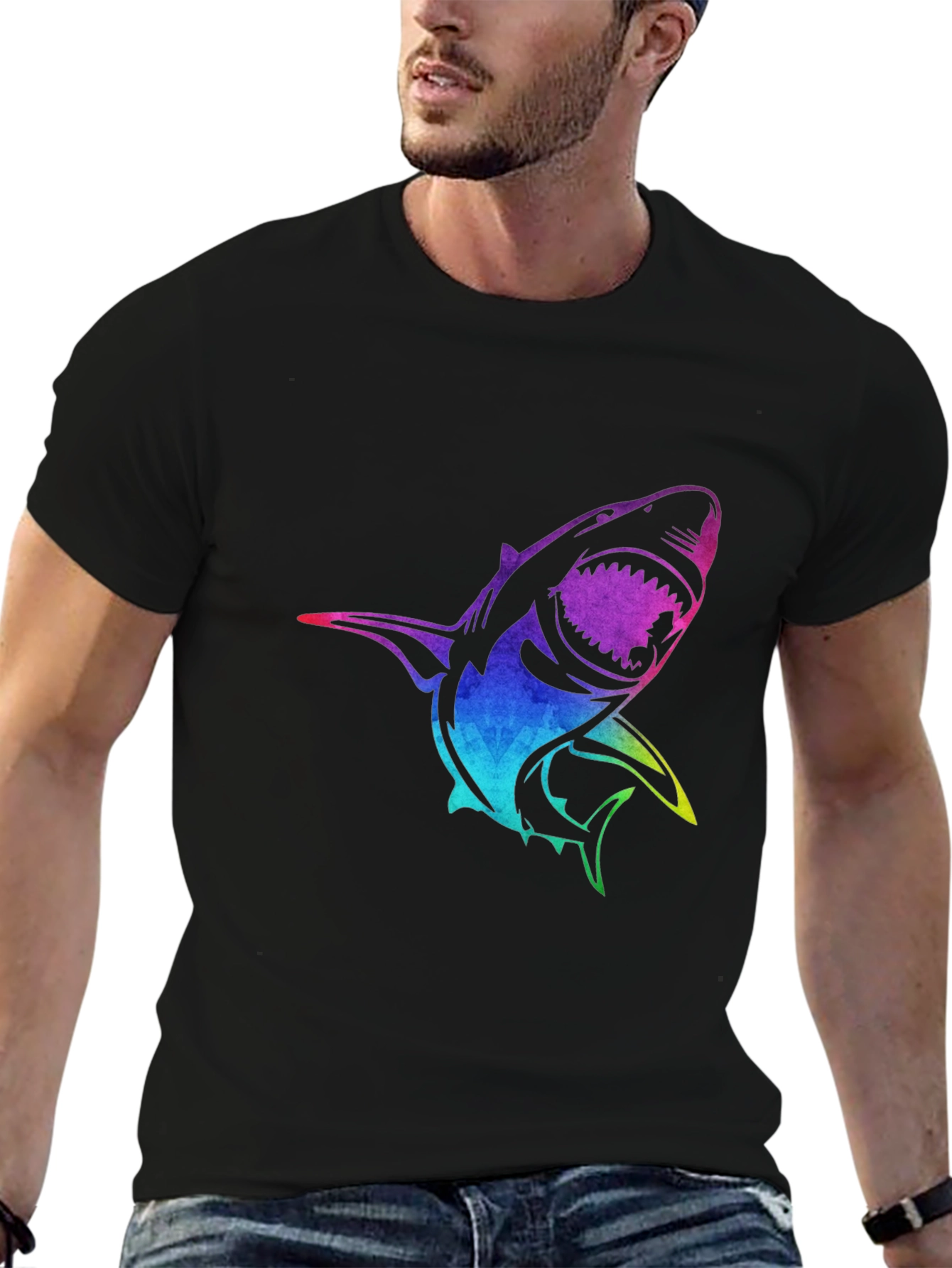 Black Rainbow Shark Graphic Black T-Shirt view 6