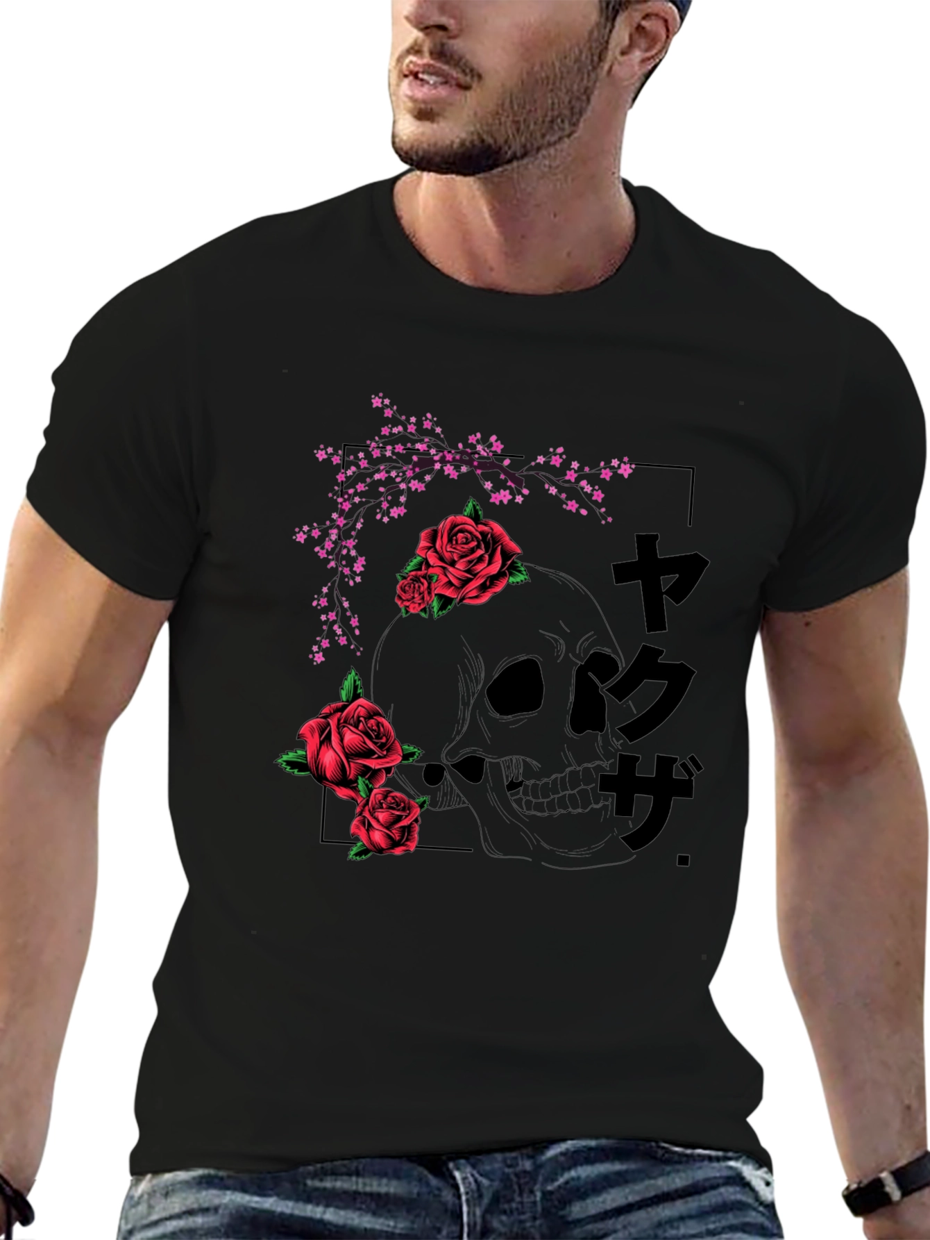 Black Skull & Roses Graphic Tee - Black Japanese Style T-Shirt view 6