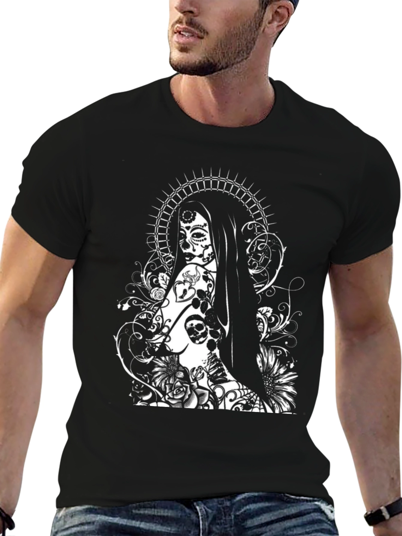 Black Sugar Skull Woman Graphic Tee - Black T-Shirt view 6