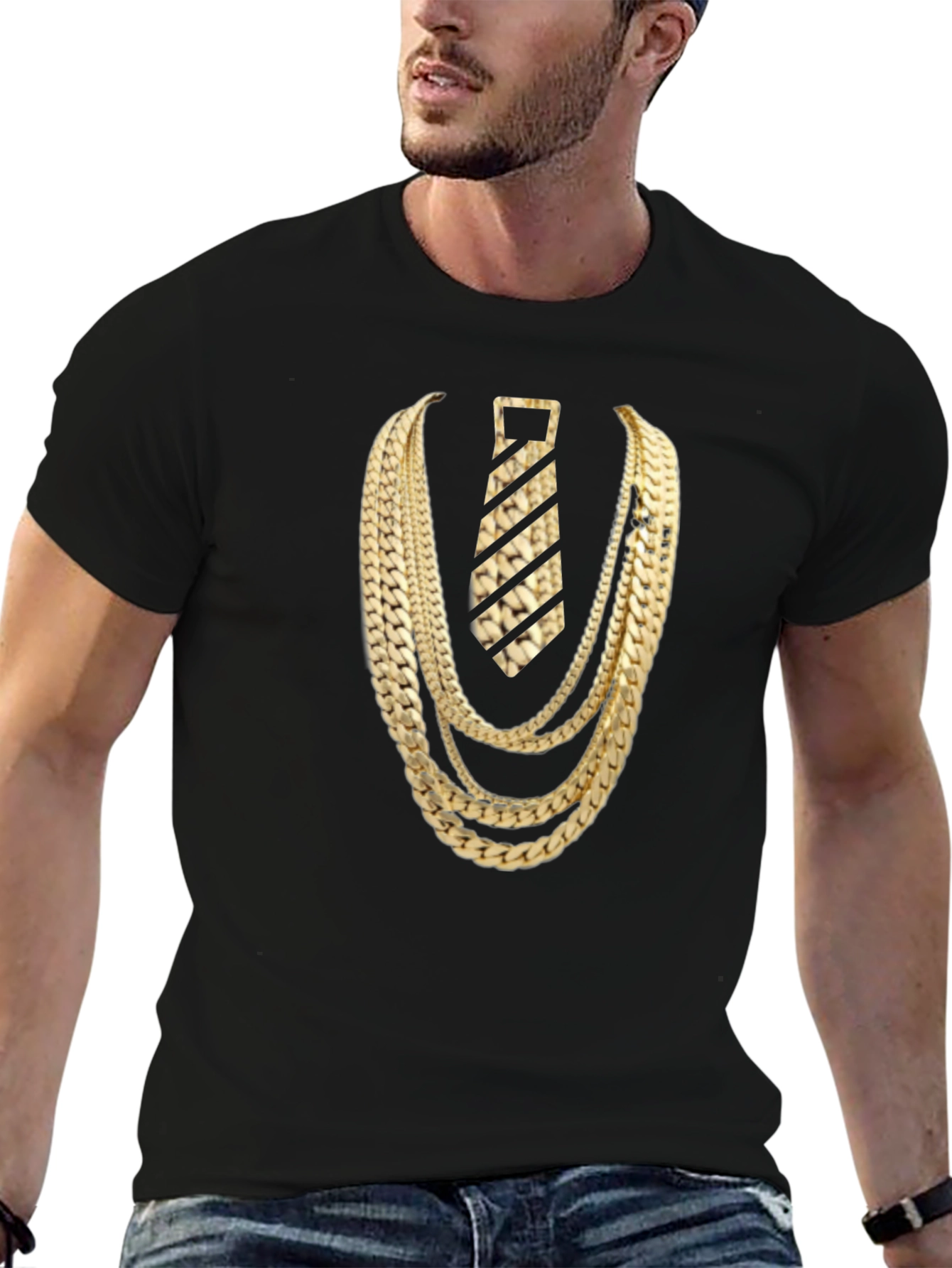 Black Gold Chains and Tie Graphic Tee - Statement Style view 6