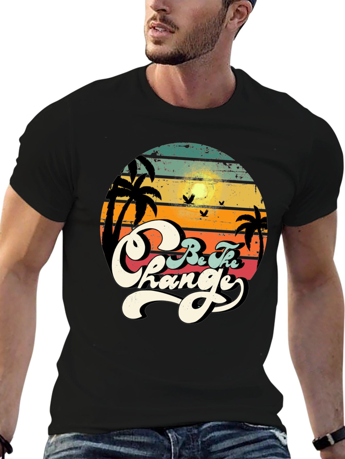 Black Retro Sunset 'Be The Change' Graphic T-Shirt view 6