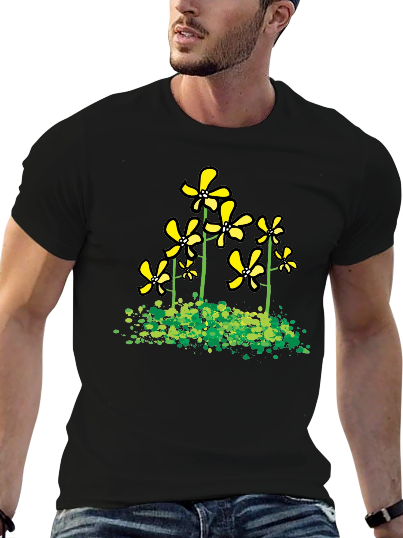 Black Floral Graphic Tee - Yellow Flowers Black T-Shirt view 6