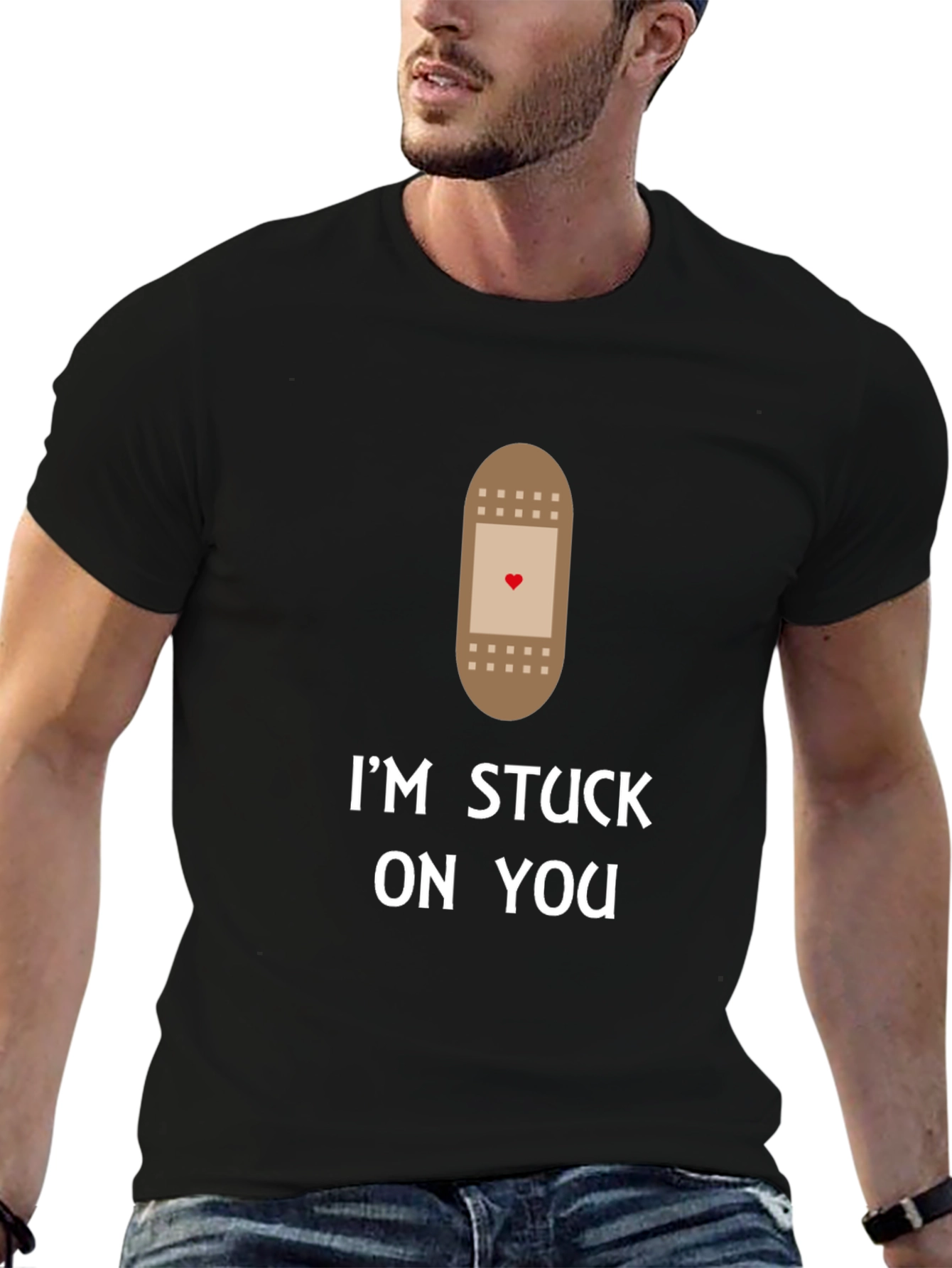 Black I'm Stuck On You T-Shirt Funny Bandage Heart Love Graphic Tee view 6