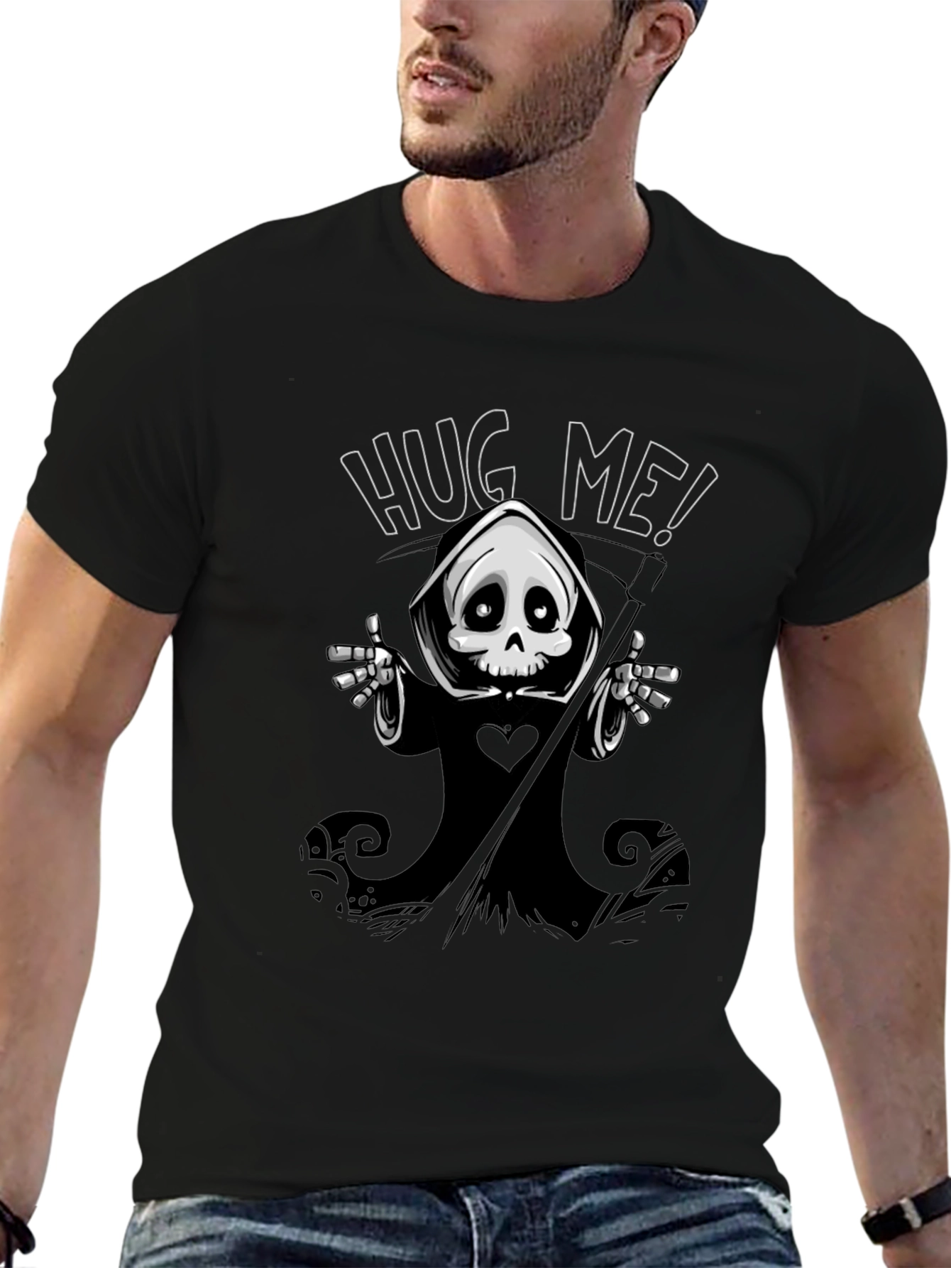 Black Hug Me! Grim Reaper Graphic Black T-Shirt view 6