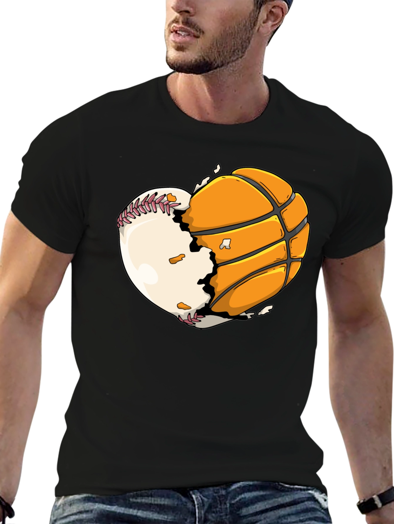 Black Baseball Basketball Heart Graphic Tee view 6