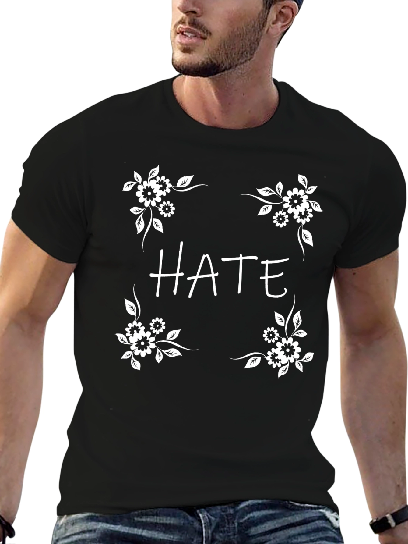Black HATE Graphic Tee - Floral Design view 6