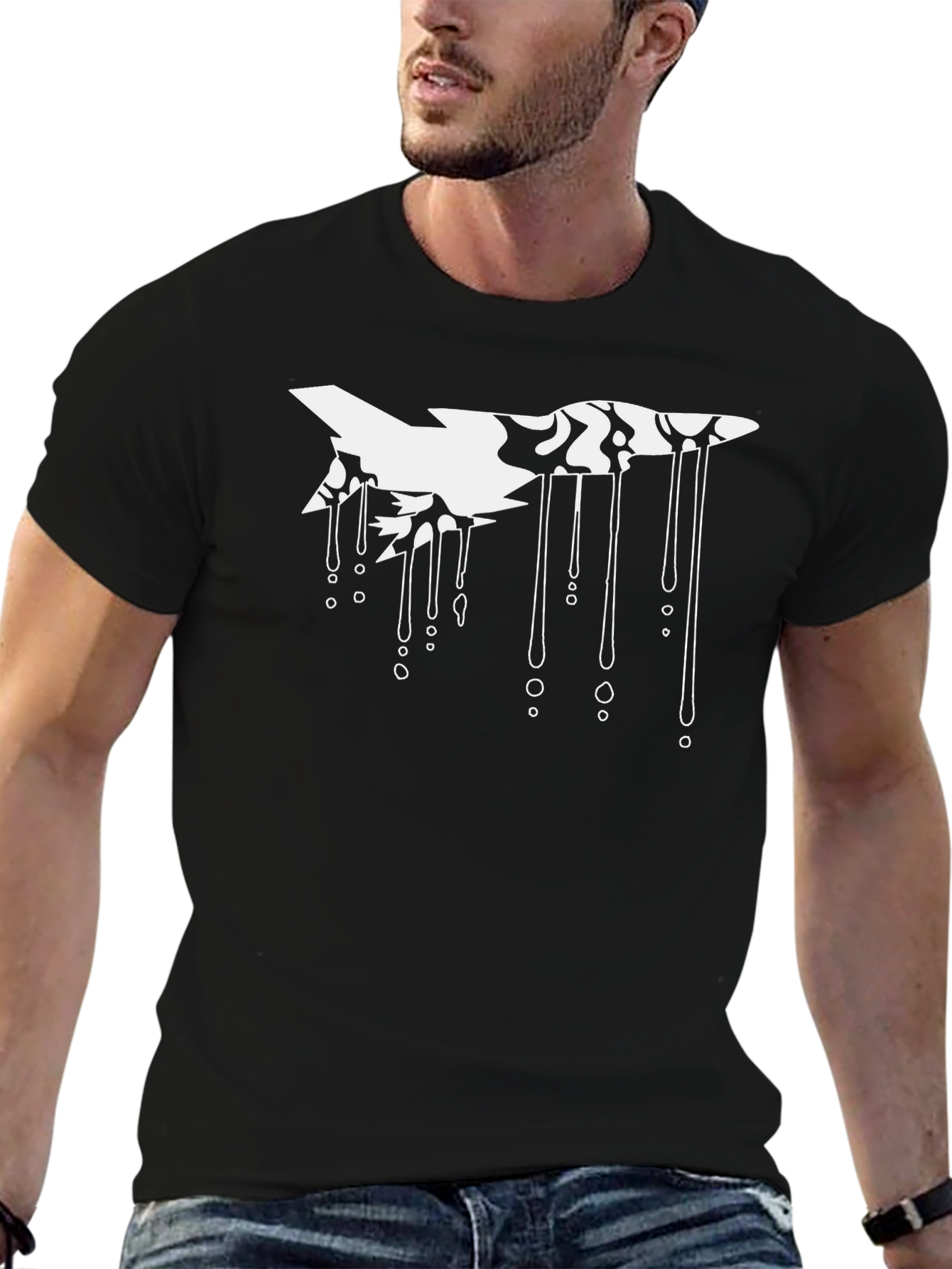 Black Abstract Fighter Jet Graphic Tee - Black Cotton Blend view 6