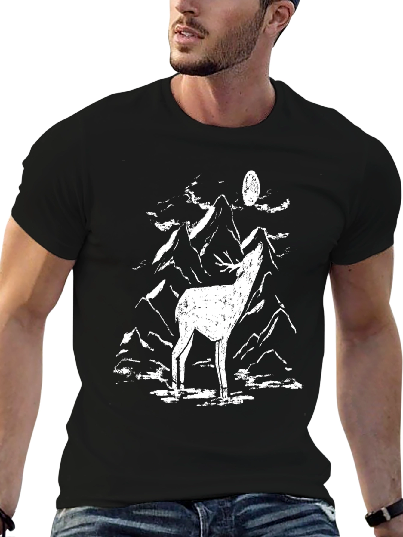 Black Men's Black Graphic Tee - Deer Howling at Moon Design view 6