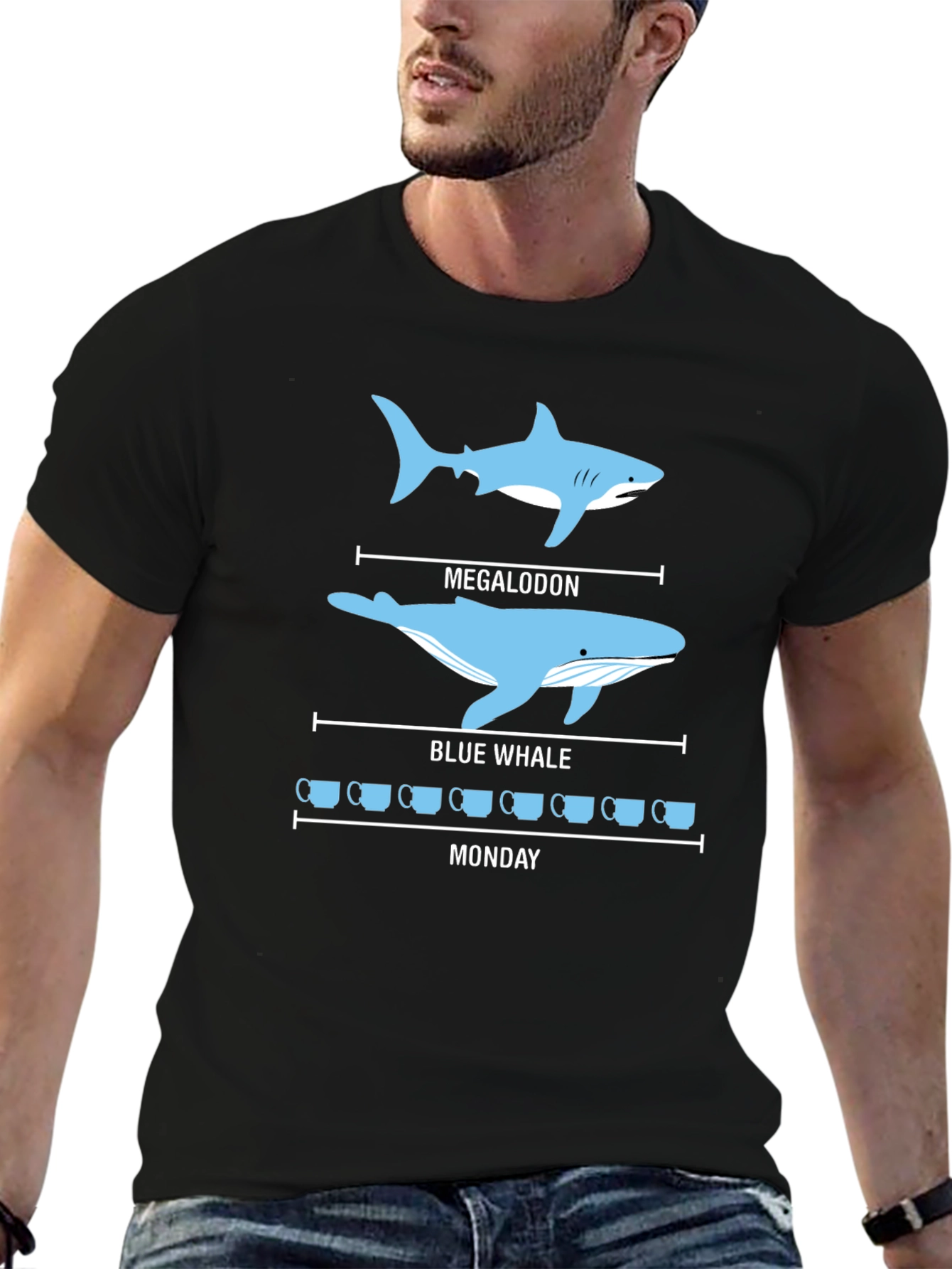 Black Megalodon vs Blue Whale T-Shirt - Coffee Monday Funny Tee view 6