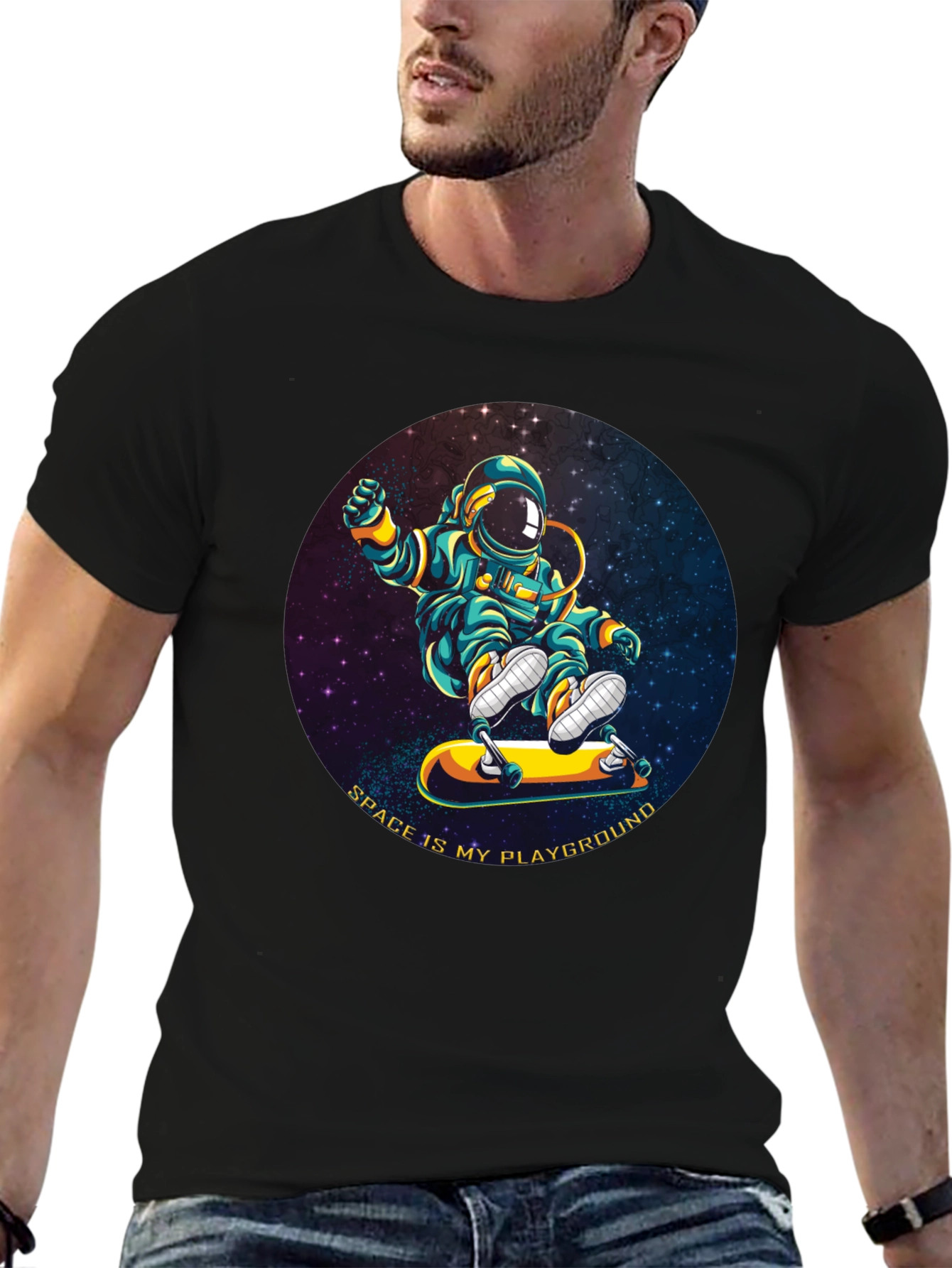 Black Astronaut Skateboarder T-Shirt - Space is My Playground view 6