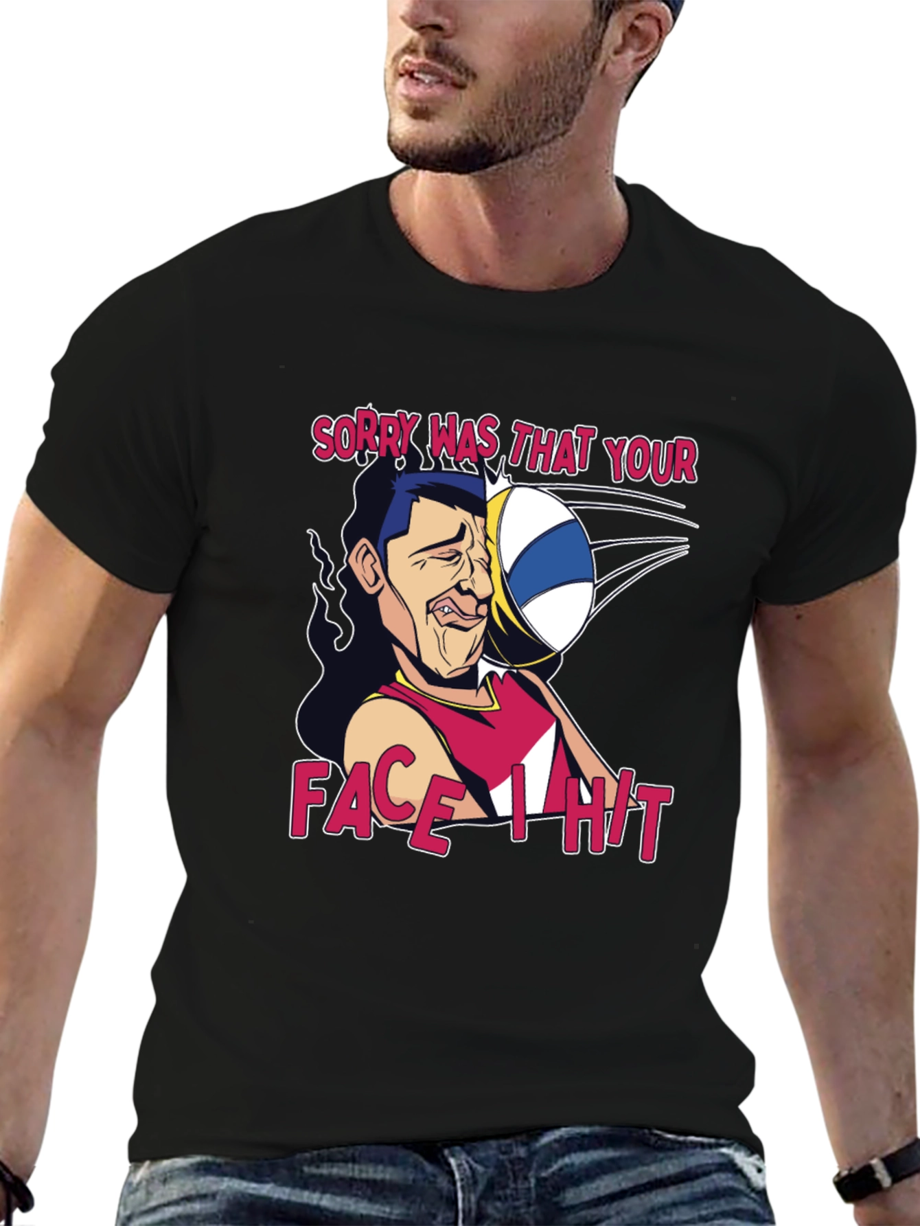 Black Funny Volleyball Face Hit Graphic T-Shirt view 6