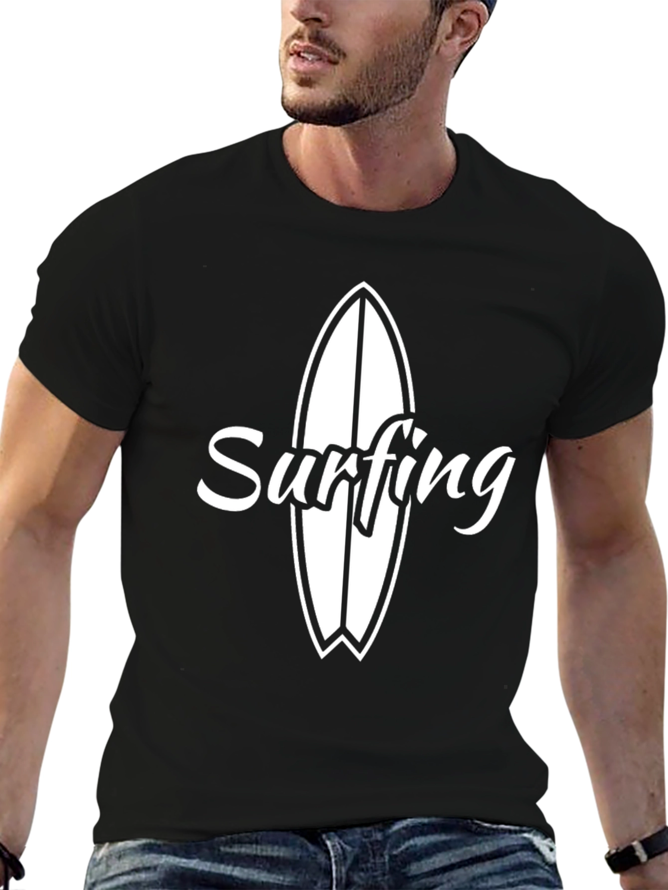 Black Surfing T-Shirt - Black Cotton Surfboard Tee view 6