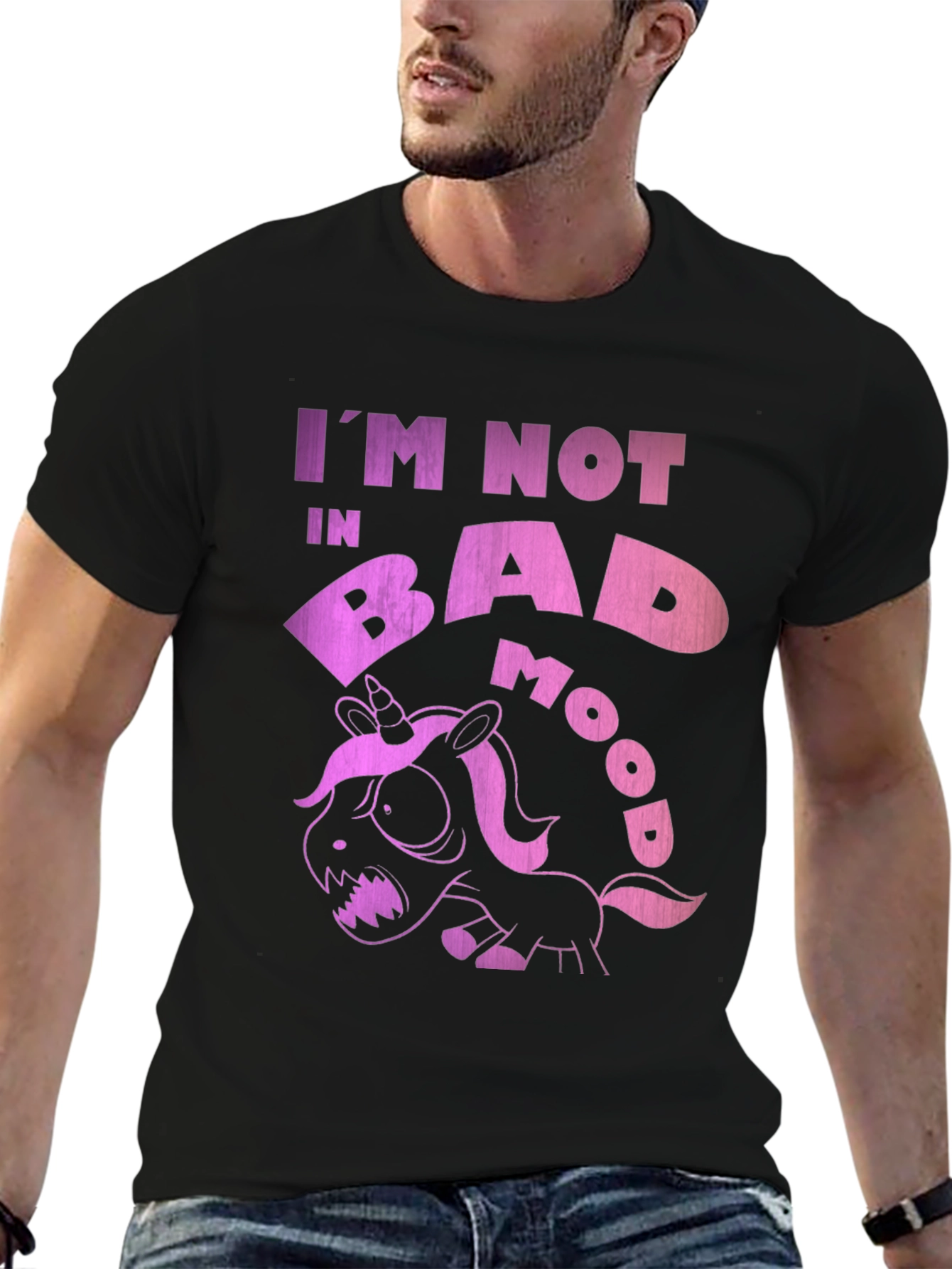 Black Funny Grumpy Unicorn Black T-Shirt - I'm Not in Bad Mood! view 6