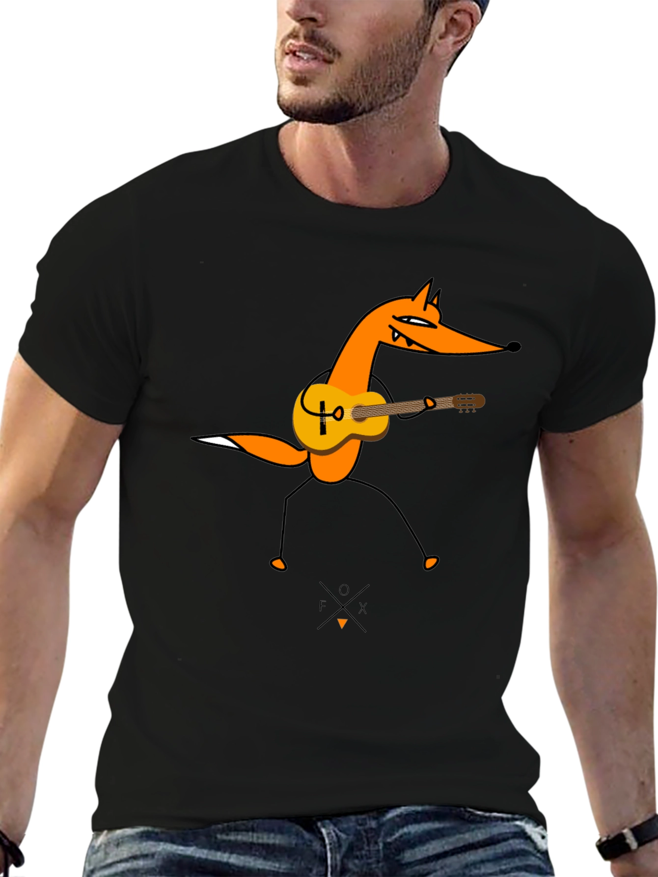Black Guitar Fox Graphic Tee - Black Cotton T-Shirt view 6