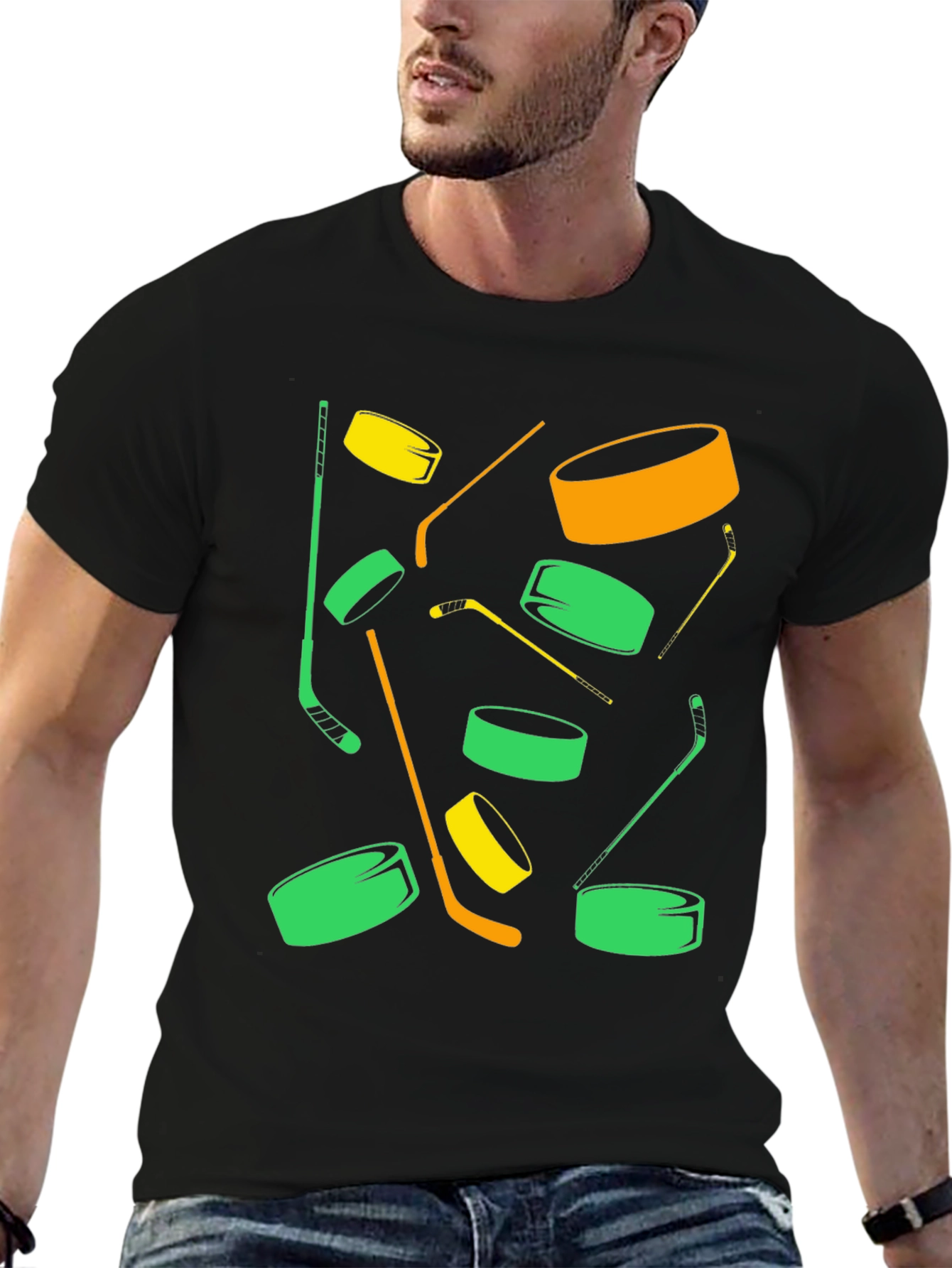 Black Hockey Puck & Stick Graphic Tee - Cool Sportswear view 6