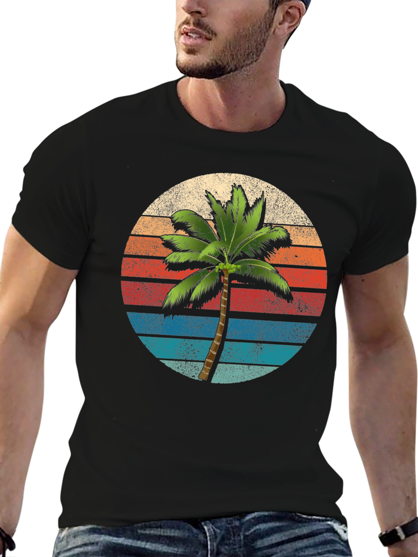 Black Retro Palm Tree Sunset T-Shirt view 6