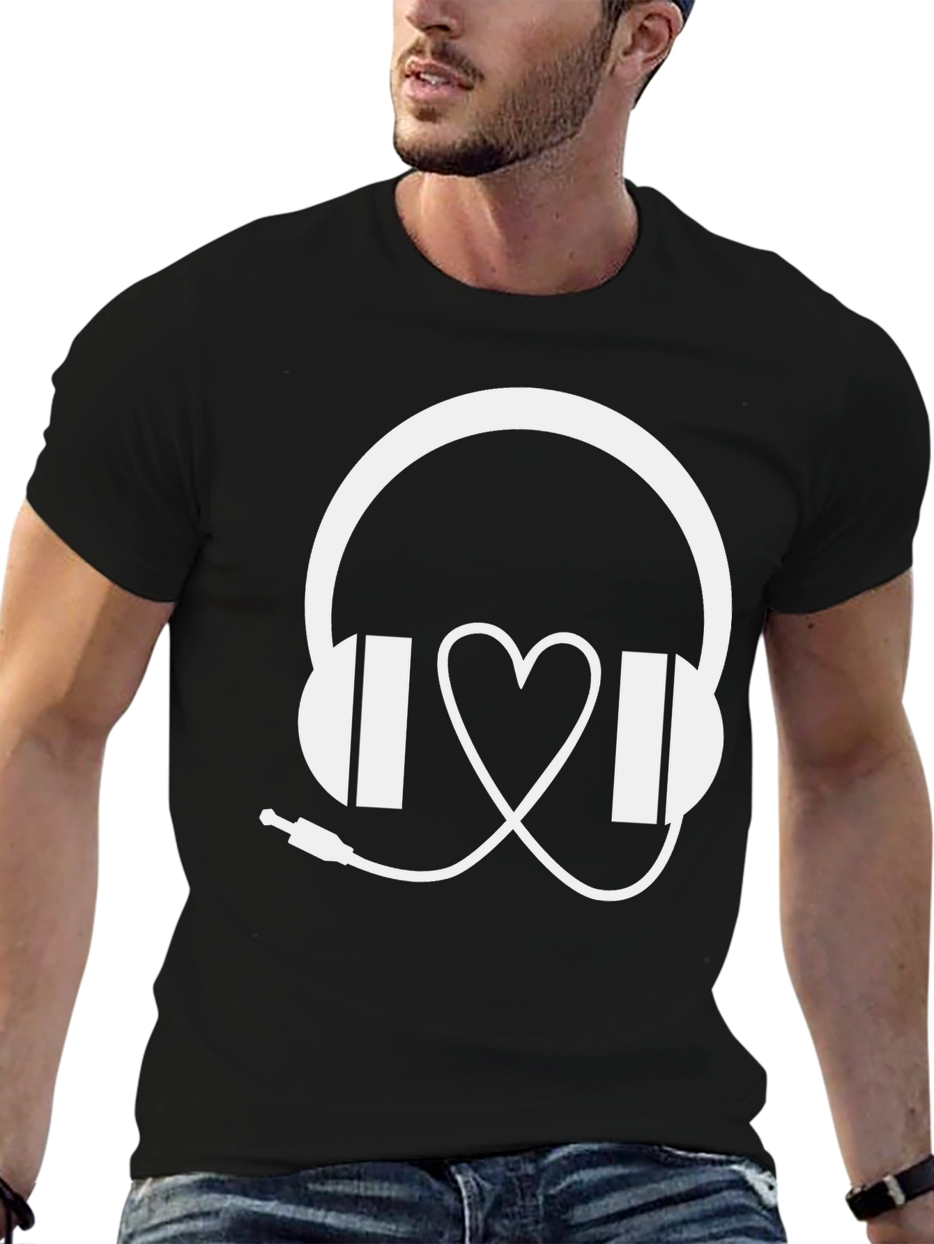 Black Music Lover T-Shirt: Headphones & Heartbeat Design view 6