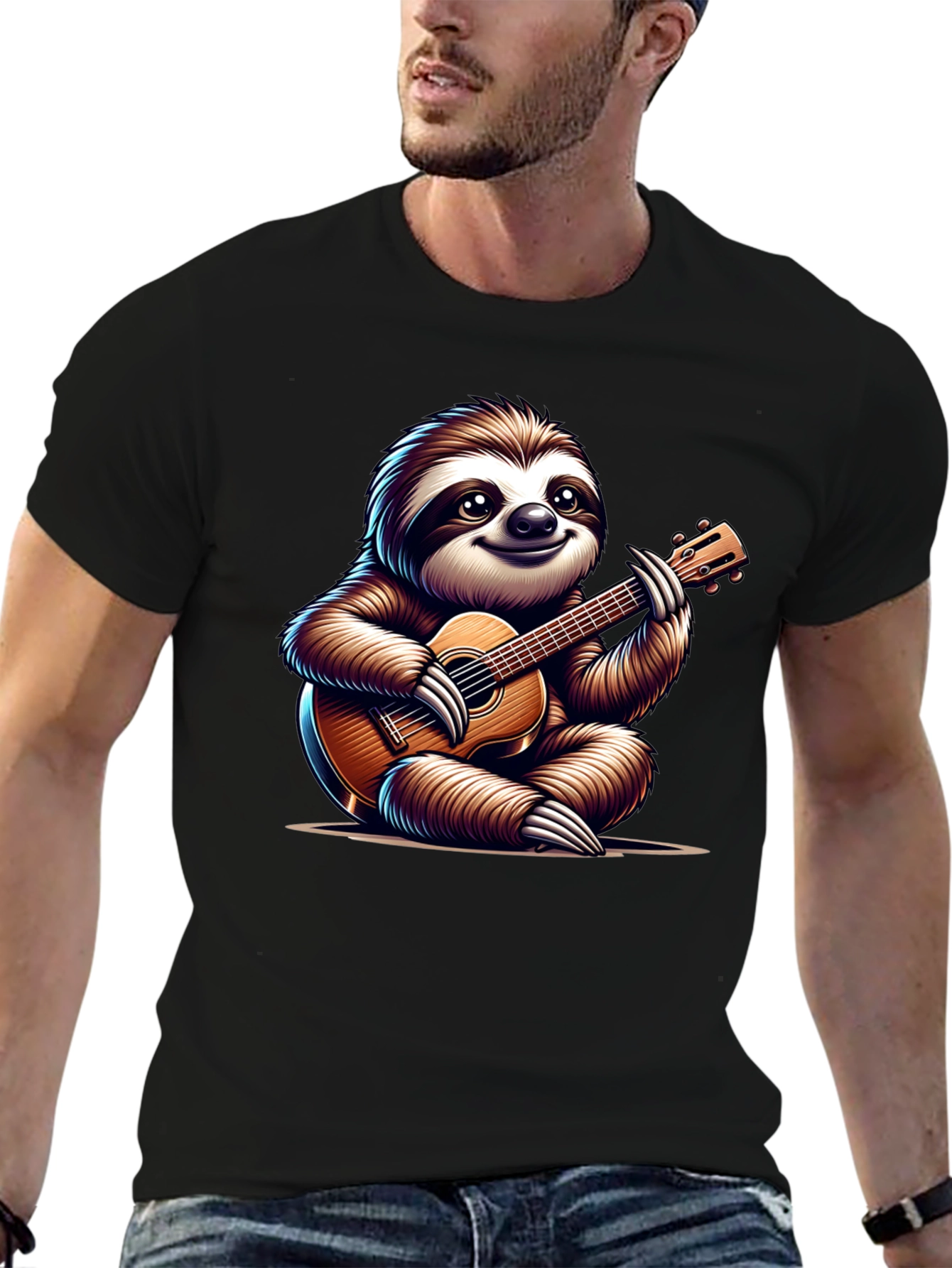 Black Sloth Guitar T-Shirt - Cute Musical Tee view 6