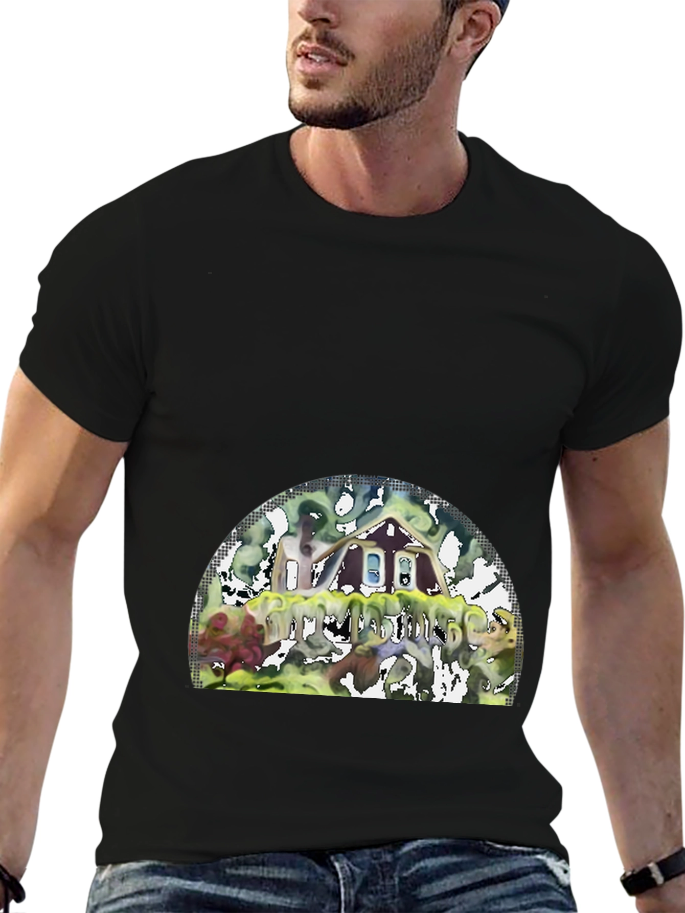 Black Unique Graphic T-Shirt - Abstract House Design view 6