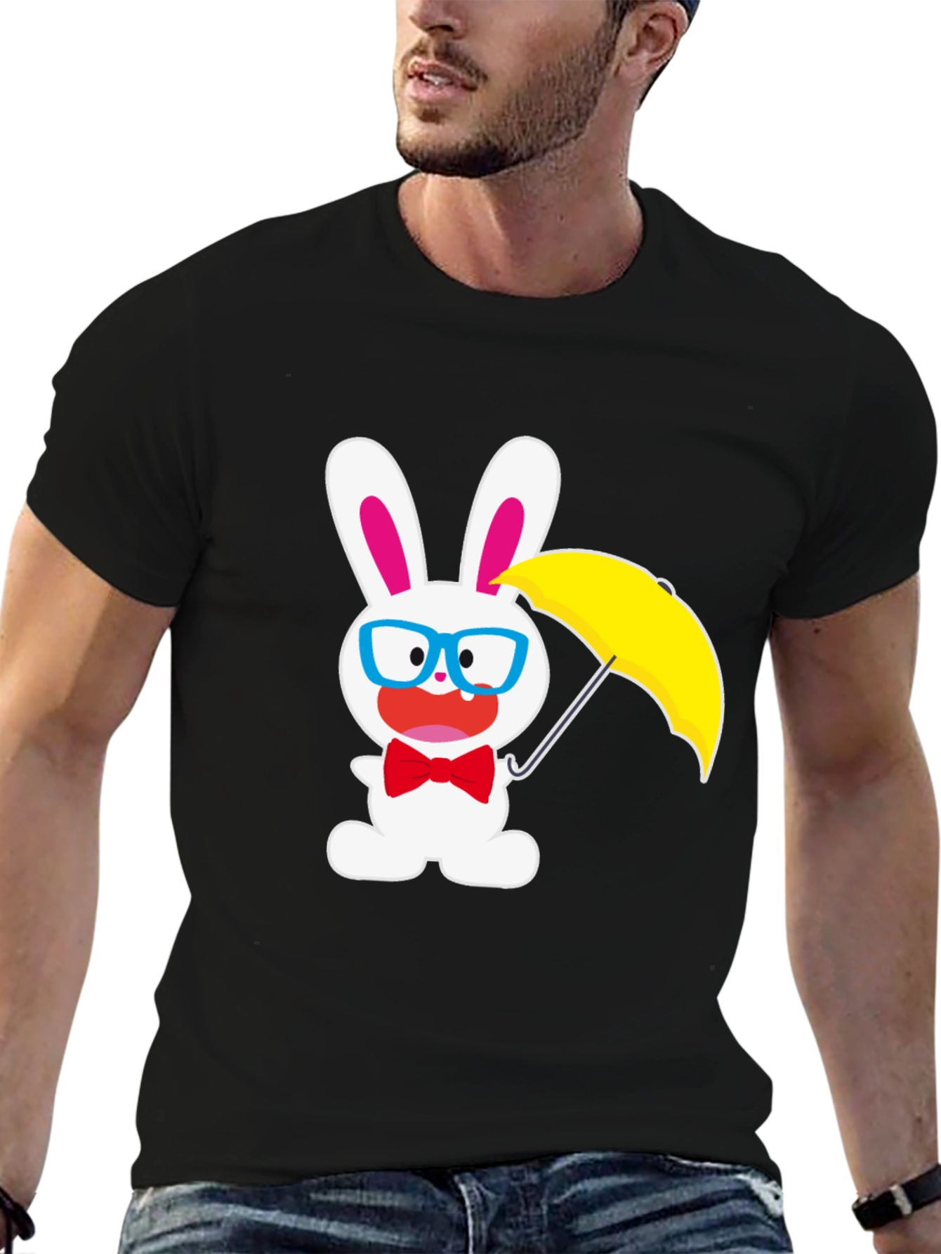 Black Funny Bunny T-Shirt: White Rabbit with Glasses & Umbrella view 6
