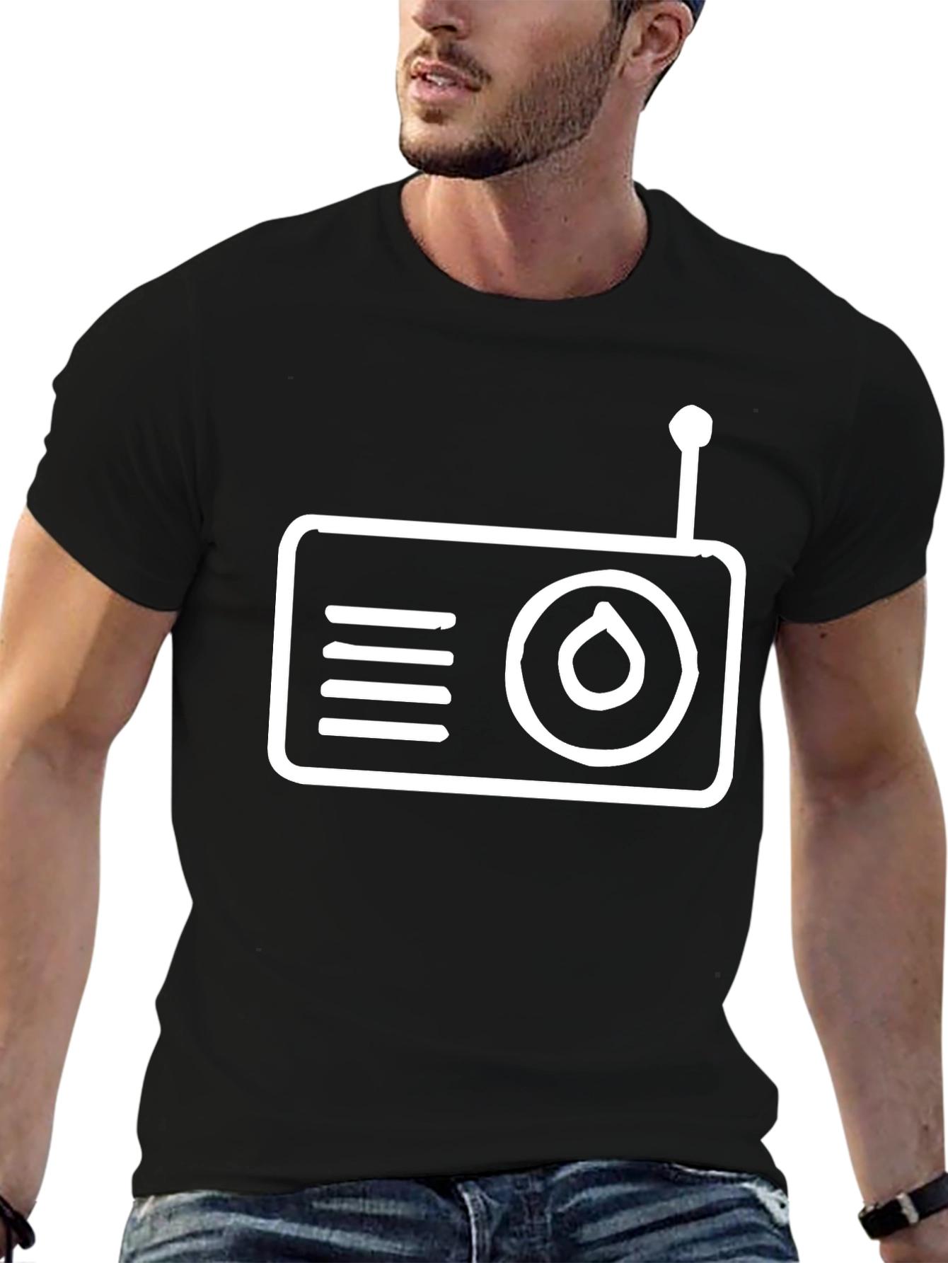 Black Retro Radio Graphic Tee - Black Cotton T-Shirt view 6