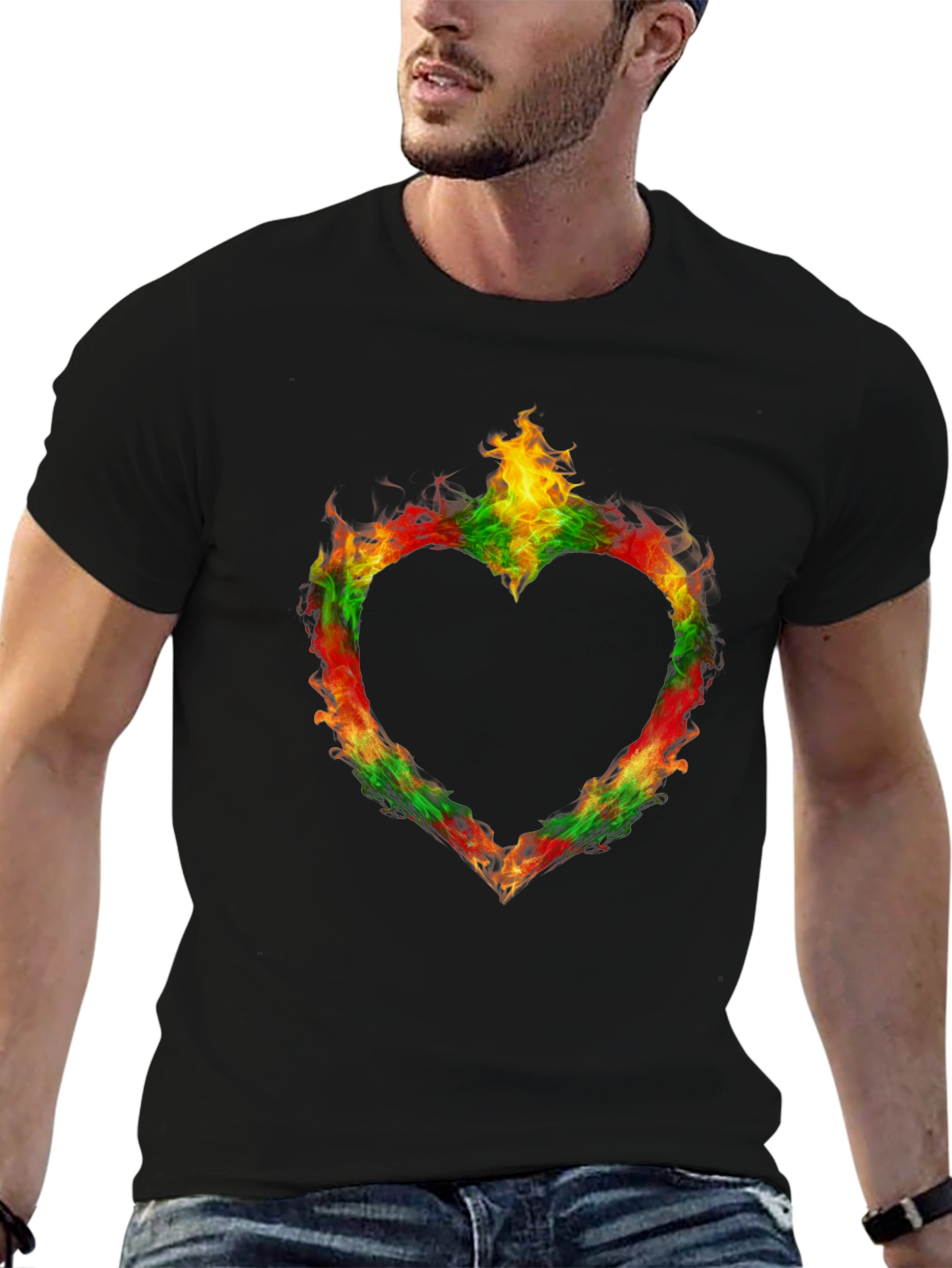 Black Fiery Heart Graphic Black T-Shirt view 6