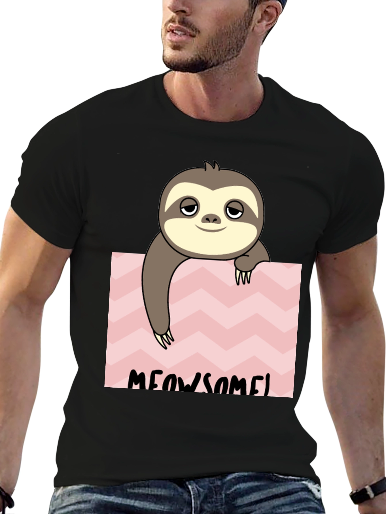 Black Meowsome Sloth Graphic Tee - Black Cotton Blend view 6