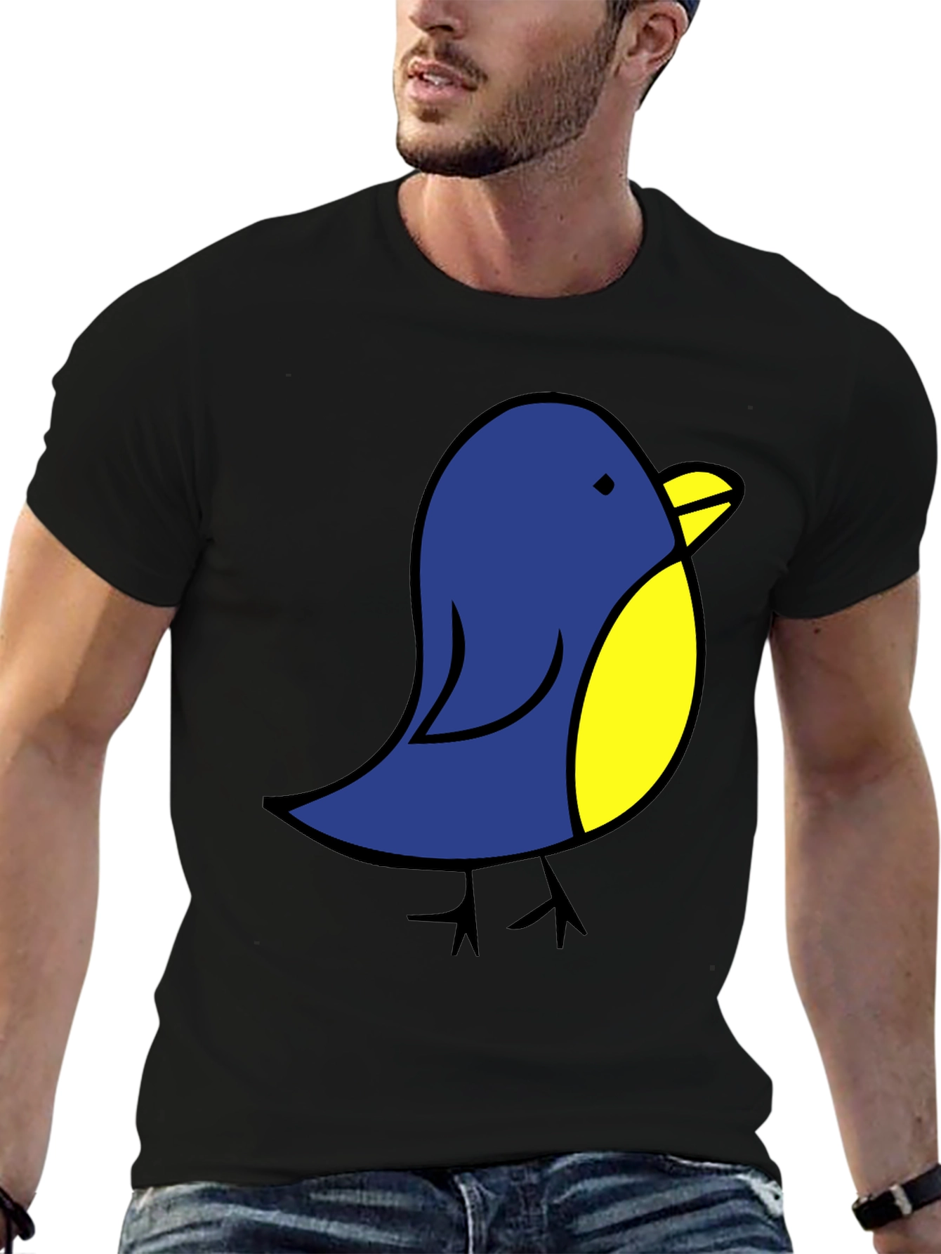 Black Cute Blue Bird Graphic Tee - Black Cotton T-Shirt view 6