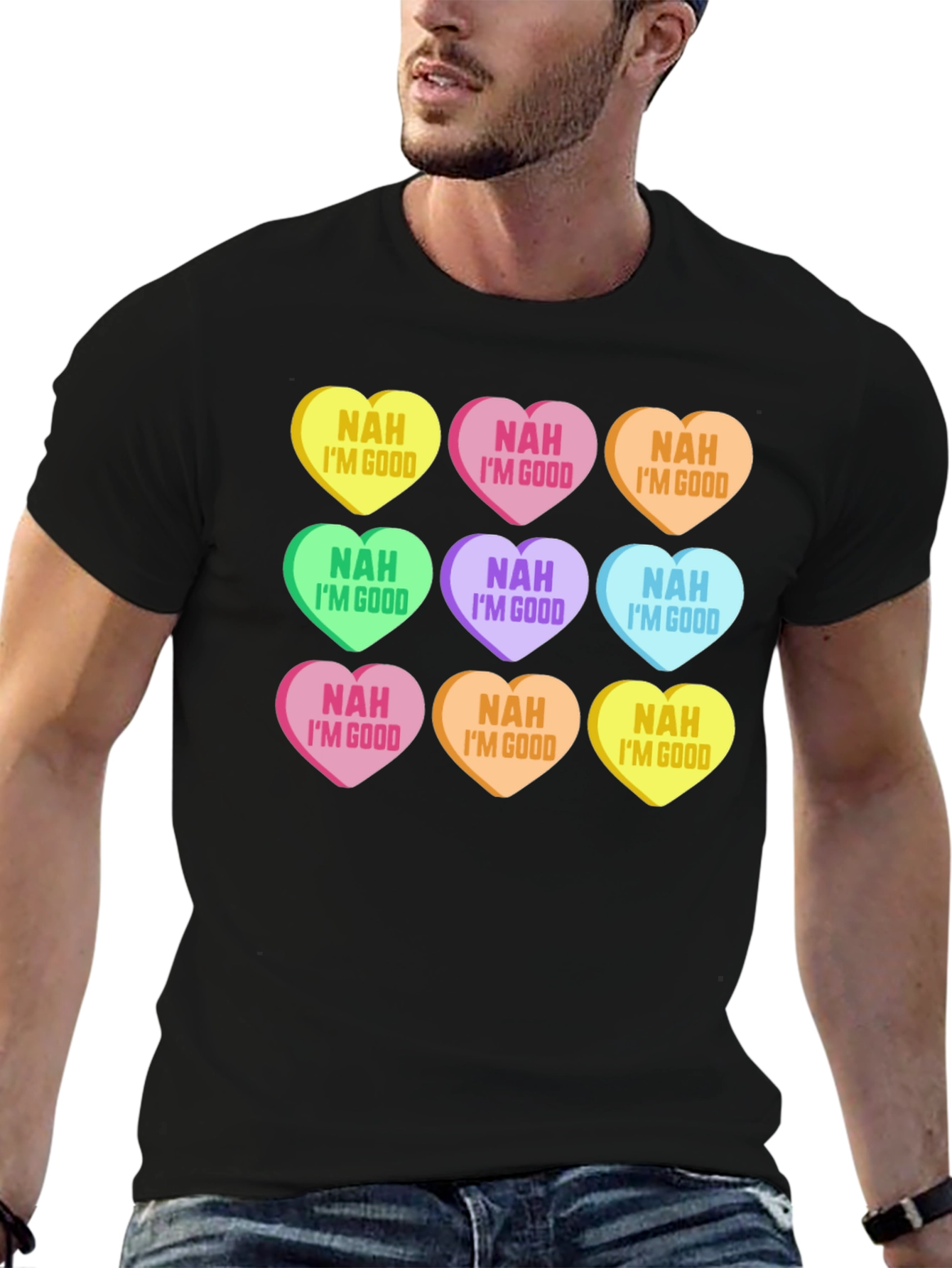 Black Novelty Valentine's Day Candy Heart Graphic T-Shirt view 6