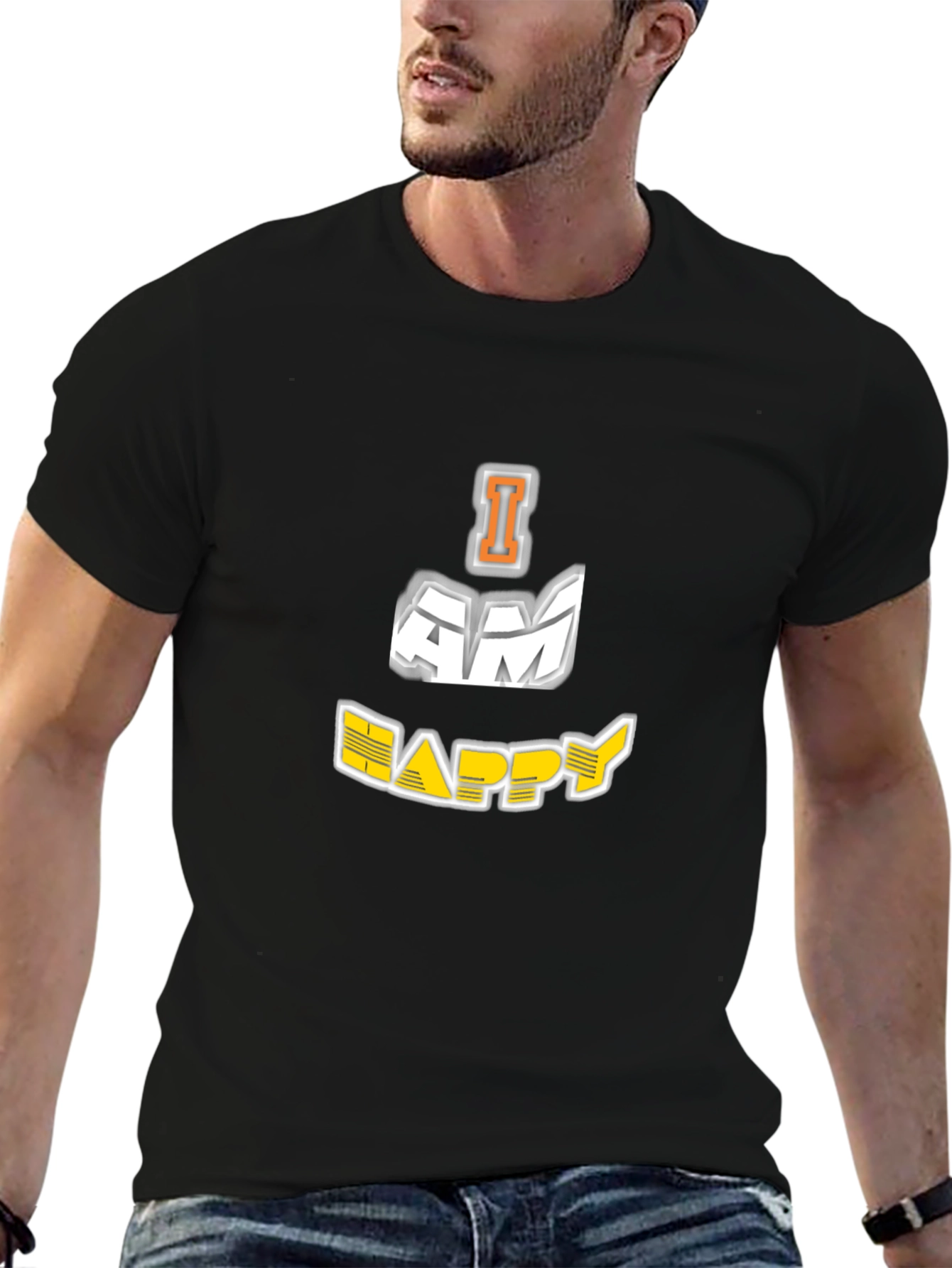 Black I AM HAPPY Graphic Black T-Shirt view 6