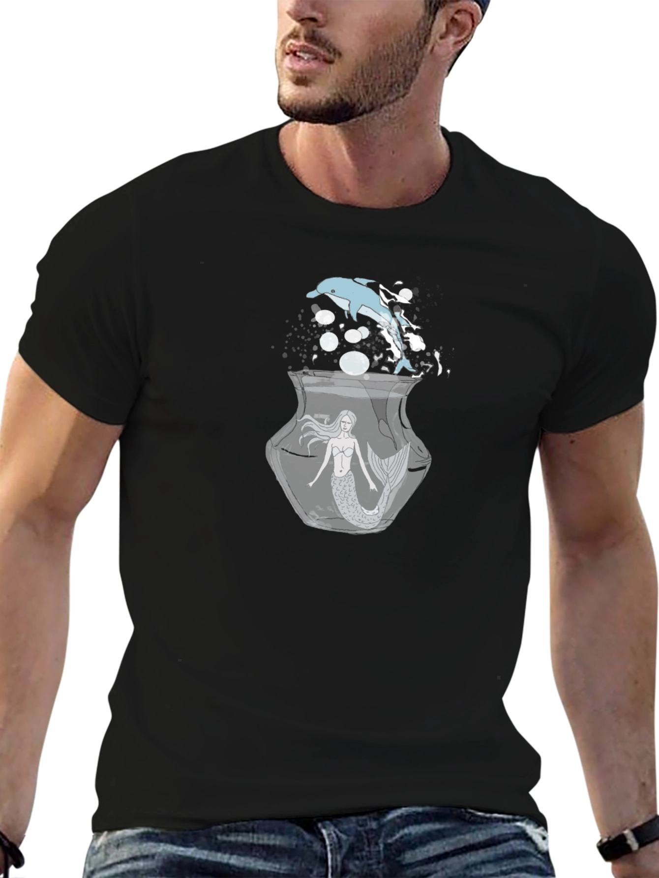 Black Mermaid & Dolphin Graphic Black T-Shirt view 6