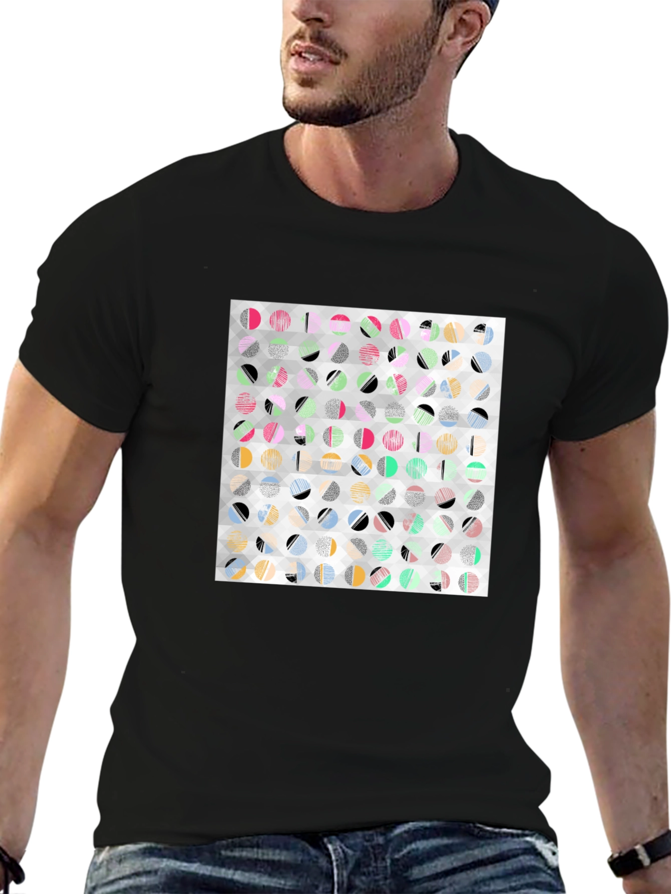 Black Abstract Geometric Print Black T-Shirt view 6