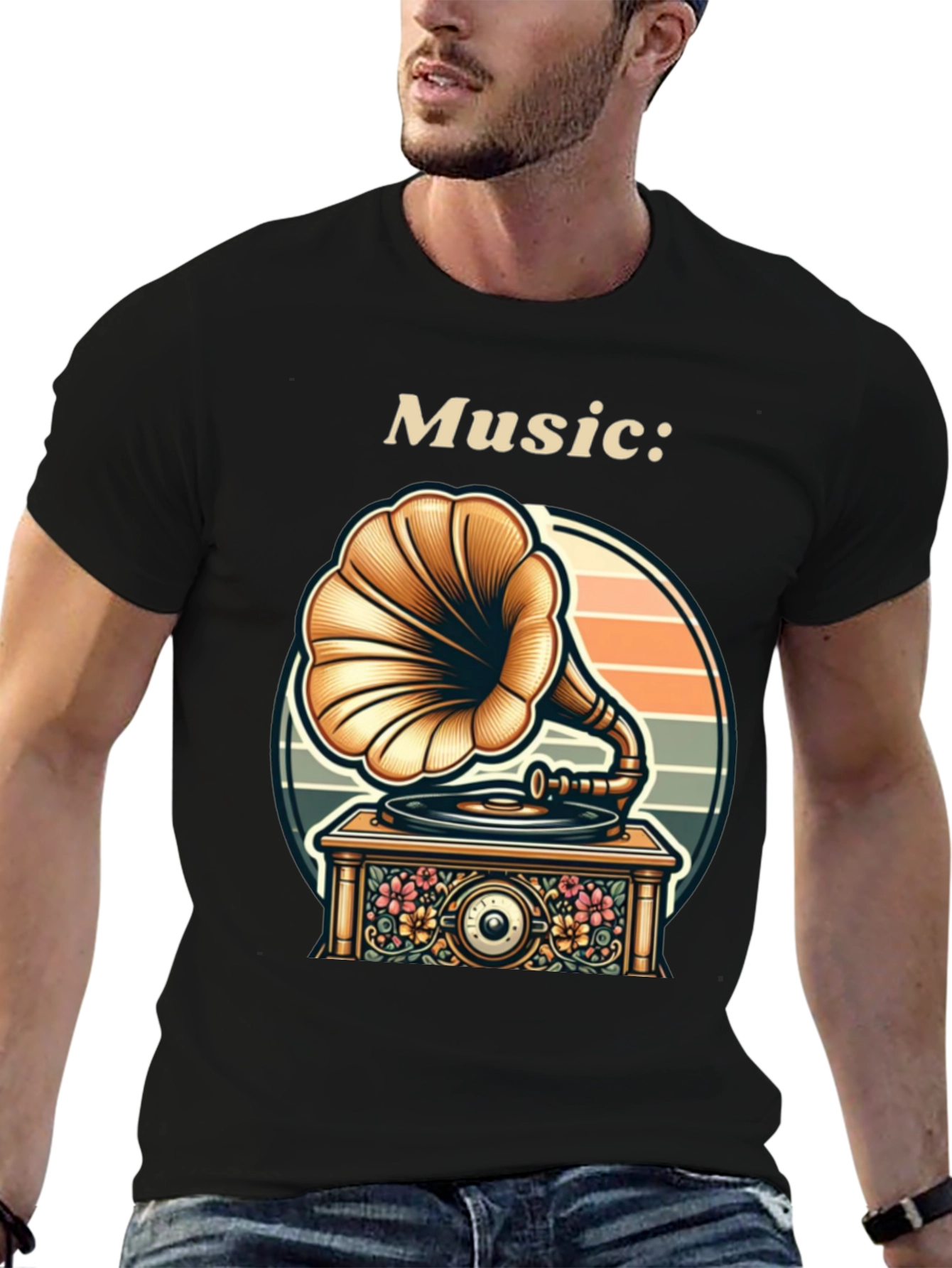 Black Vintage Music Lover T-Shirt - Gramophone Design view 6