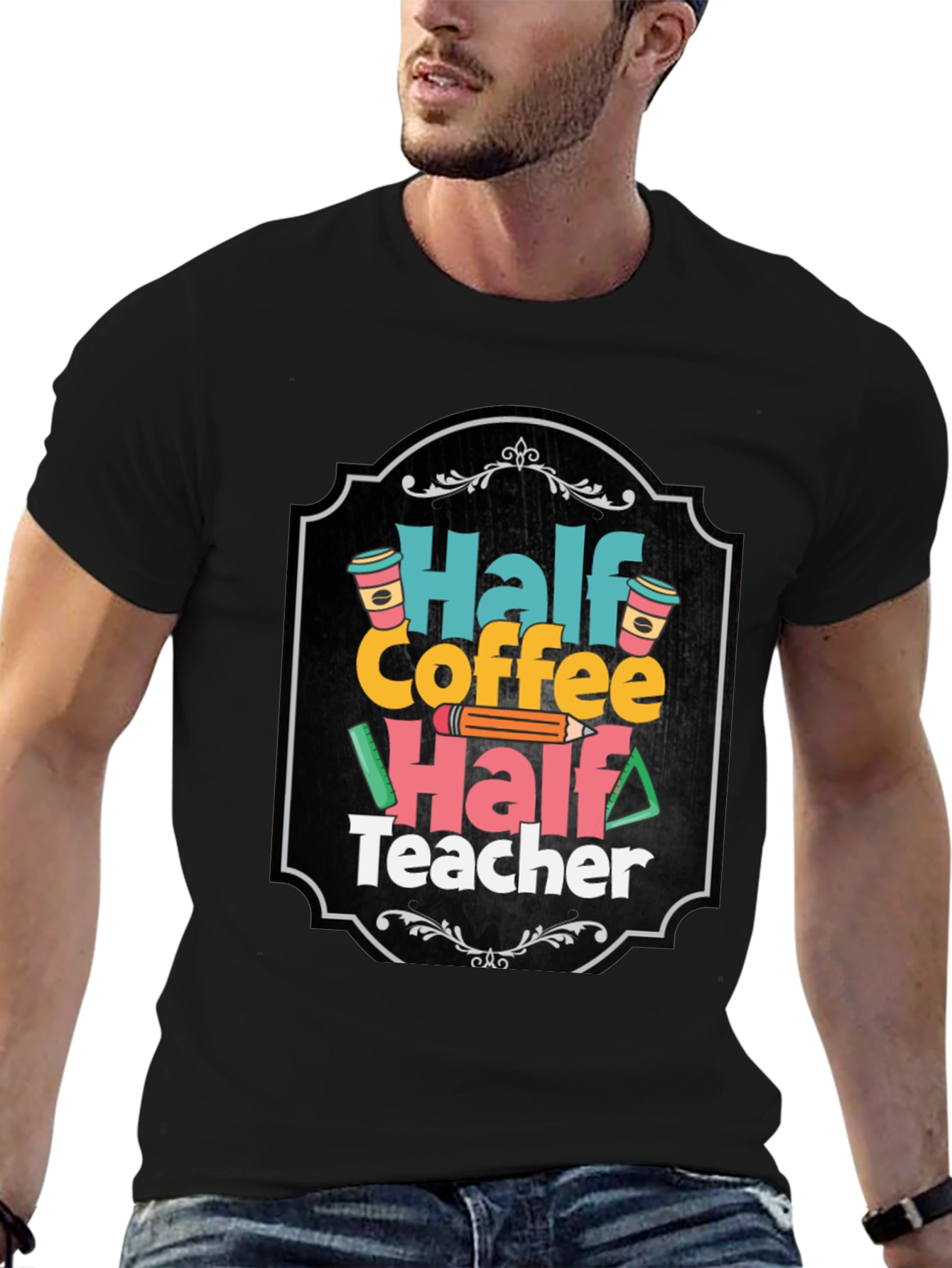Black Half Coffee Half Teacher T-Shirt view 6