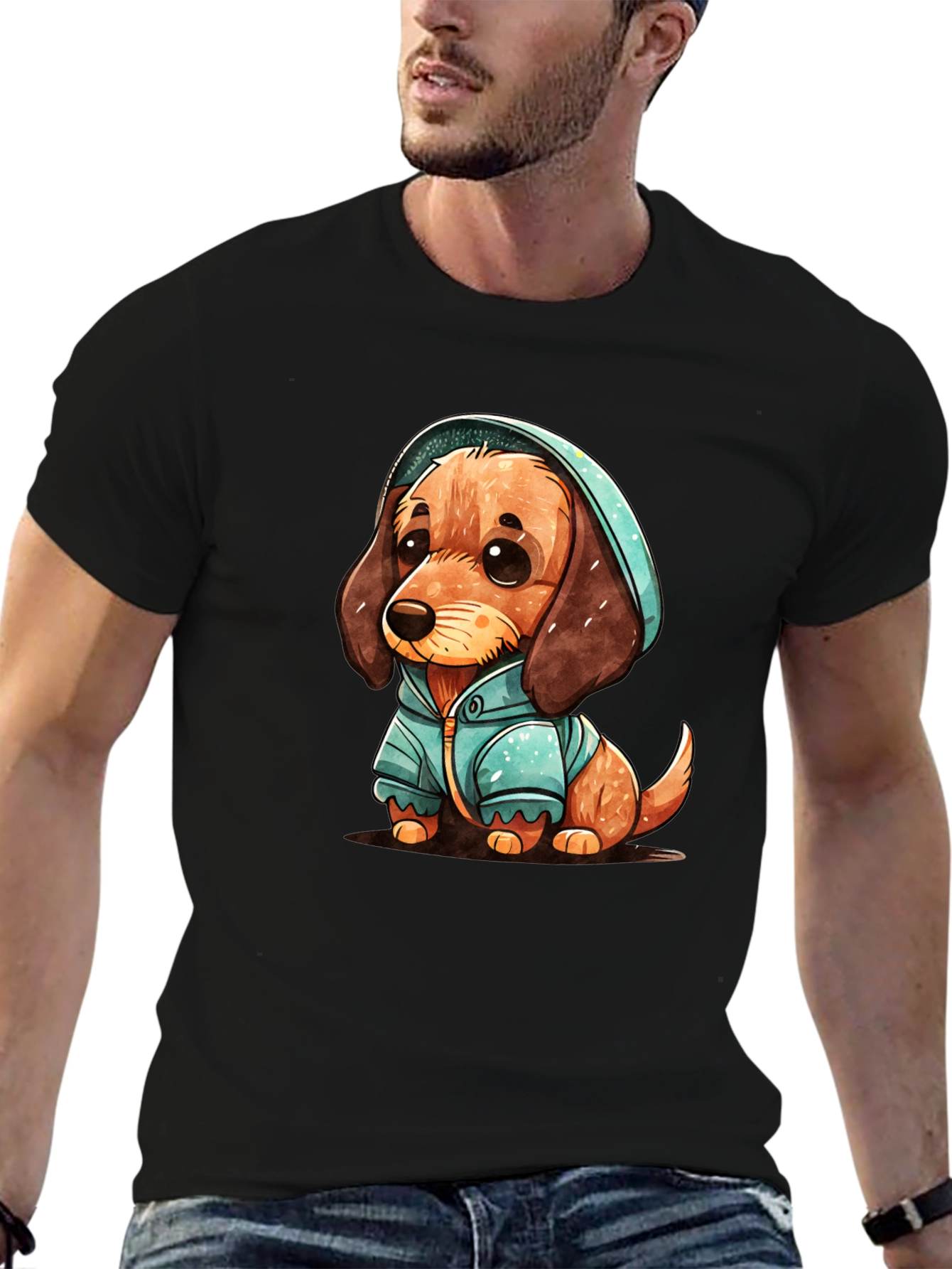 Black Cute Dachshund Puppy in Hoodie T-Shirt view 6