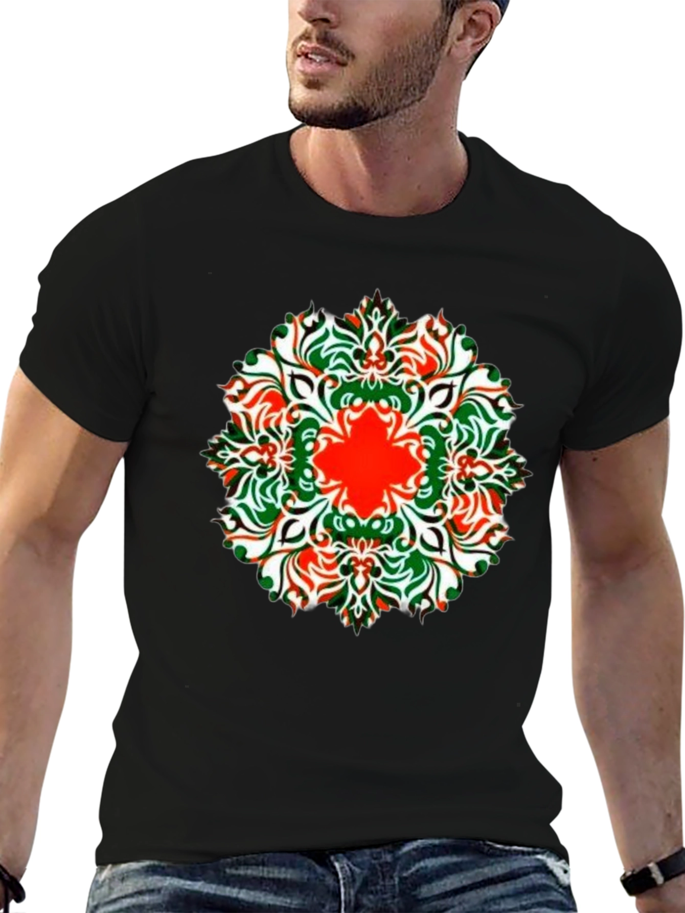 Black Stylish Black Tee with Colorful Mandala Design view 6