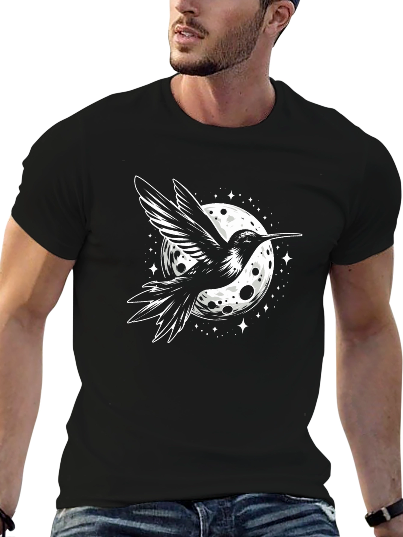 Black Hummingbird Moon Graphic Tee - Black Cotton T-Shirt view 6