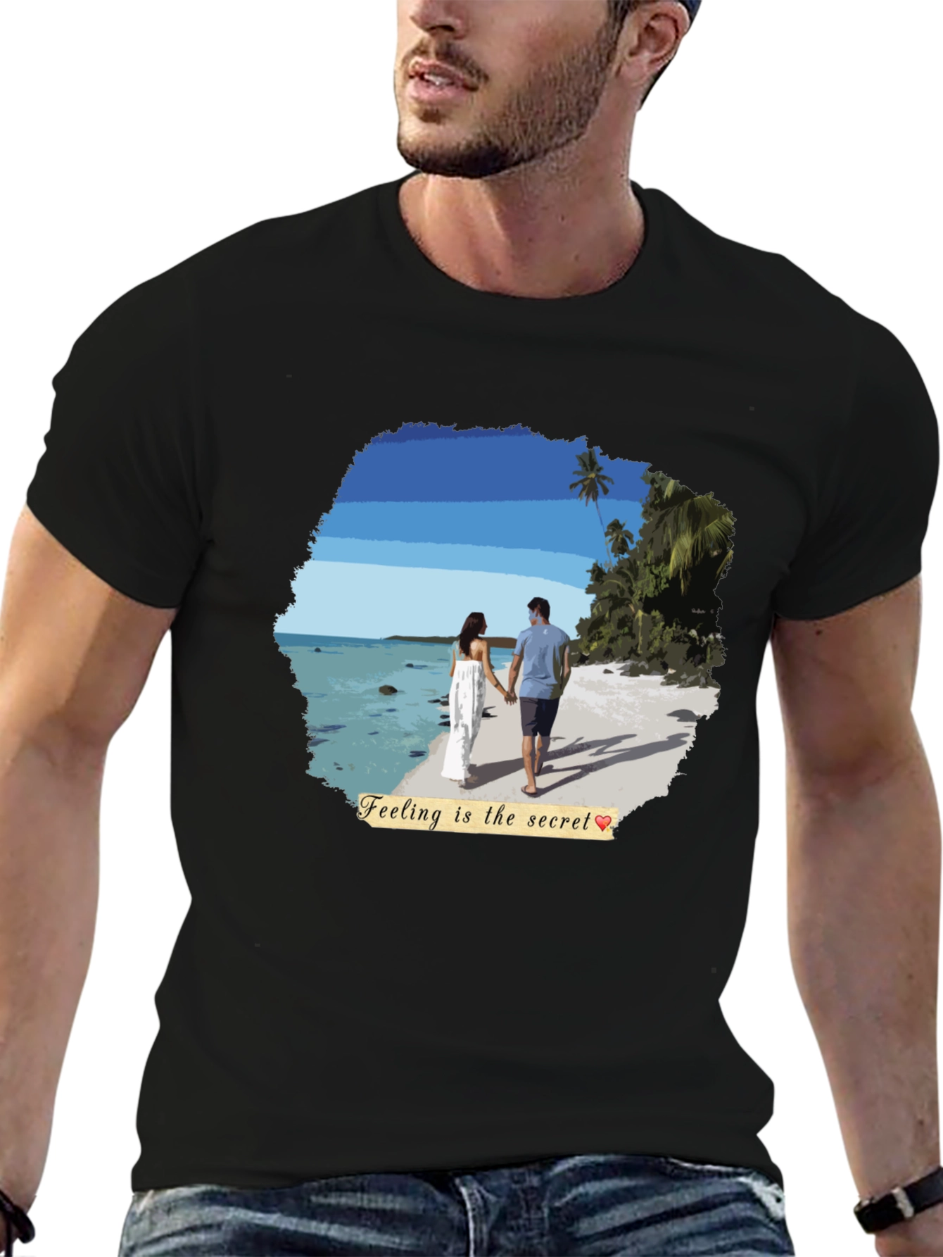 Black Beach Couple T-Shirt: Feeling Is The Secret view 6