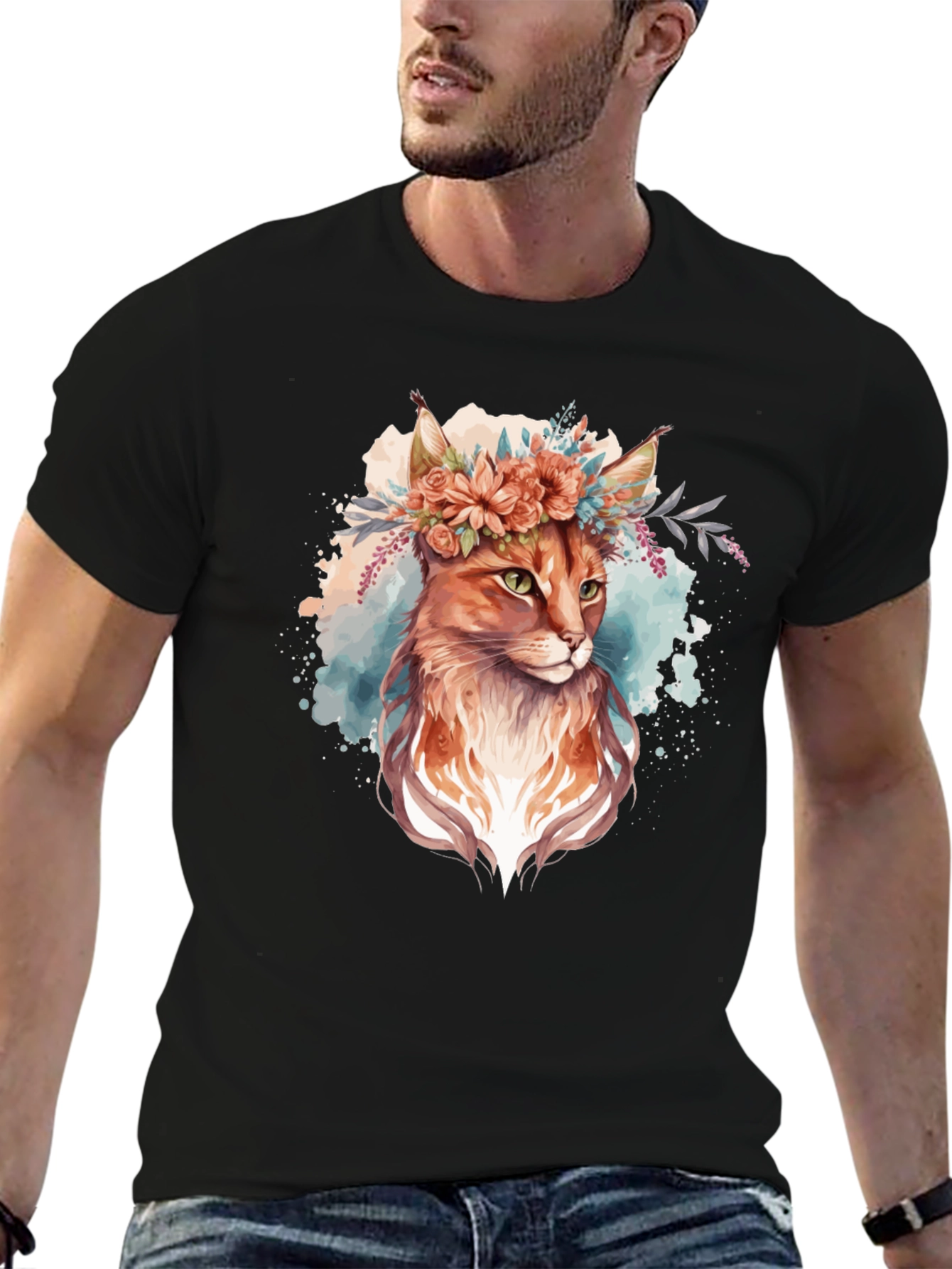 Black Floral Crown Cat T-Shirt - Unique Graphic Tee view 6