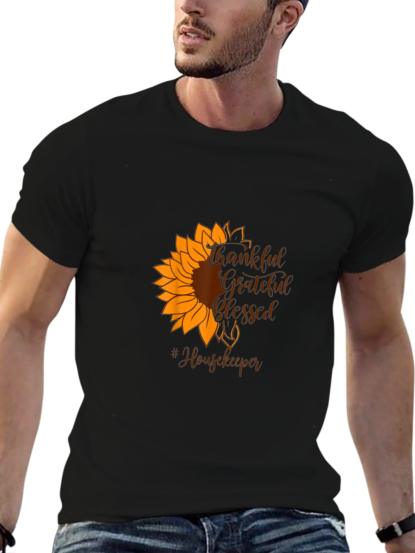 Black Thankful Grateful Blessed Housekeeper Sunflower T-Shirt view 6