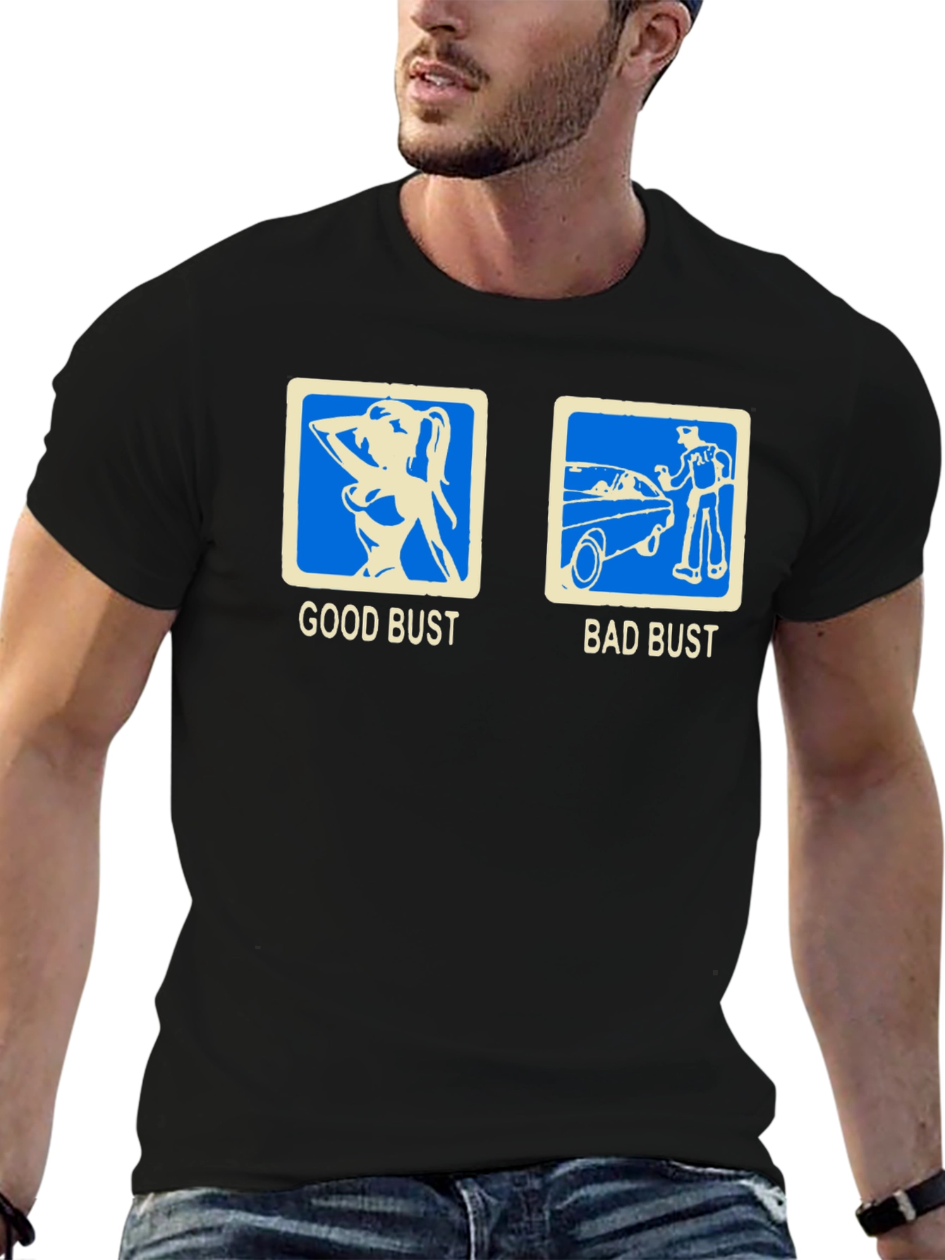 Black Funny "Good Bust Bad Bust" Graphic T-Shirt view 6