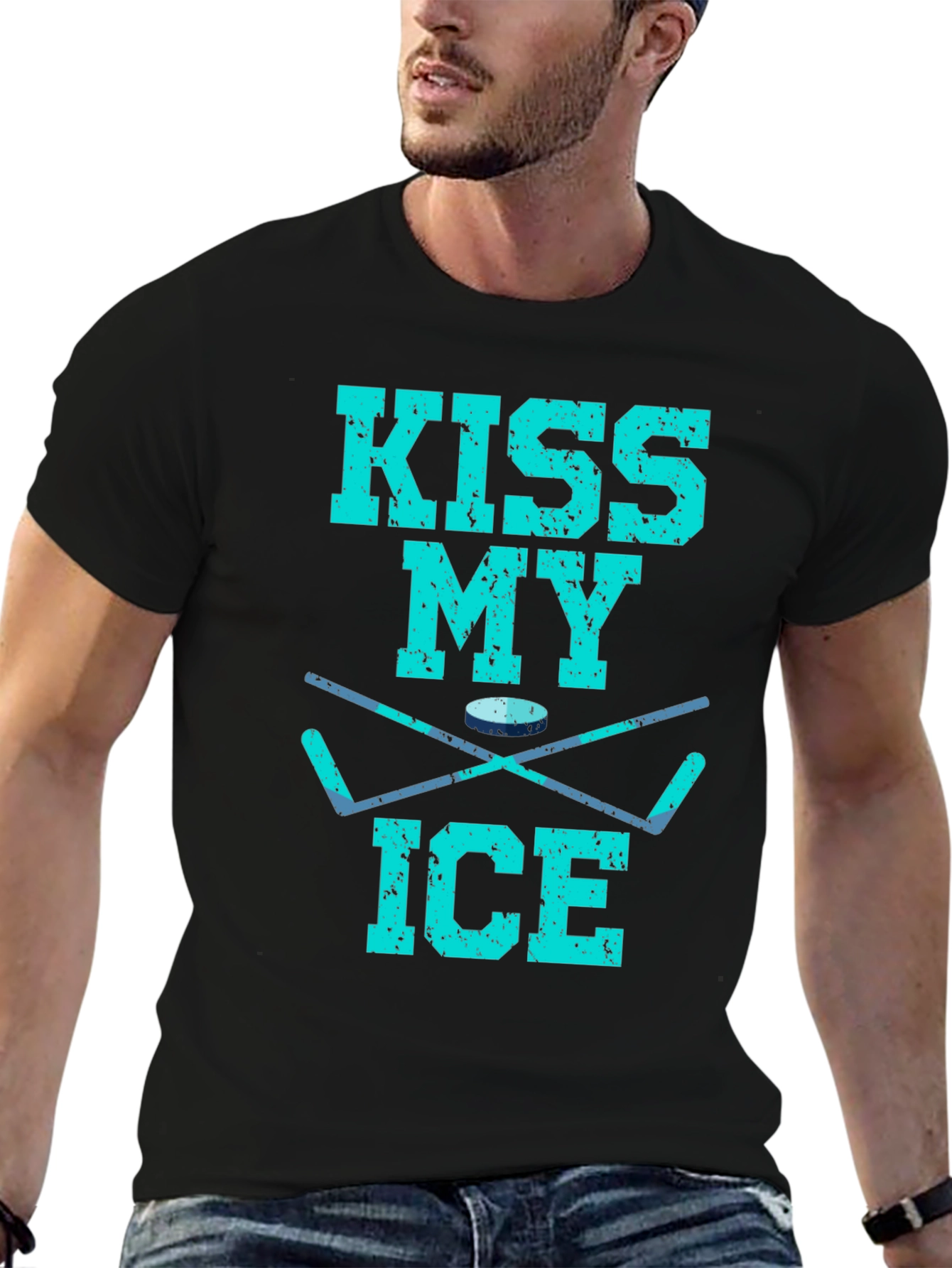 Black Kiss My Ice Hockey T-Shirt - Funny Hockey Gift view 6
