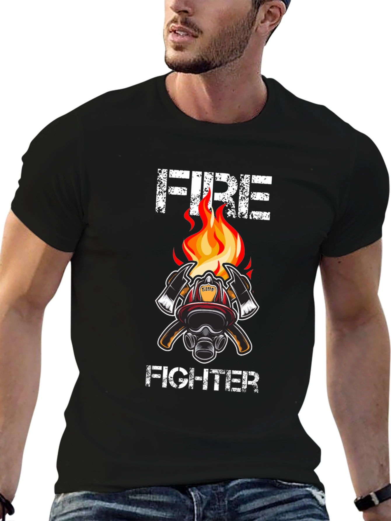 Black Firefighter T-Shirt - Axe & Helmet Graphic Tee view 6