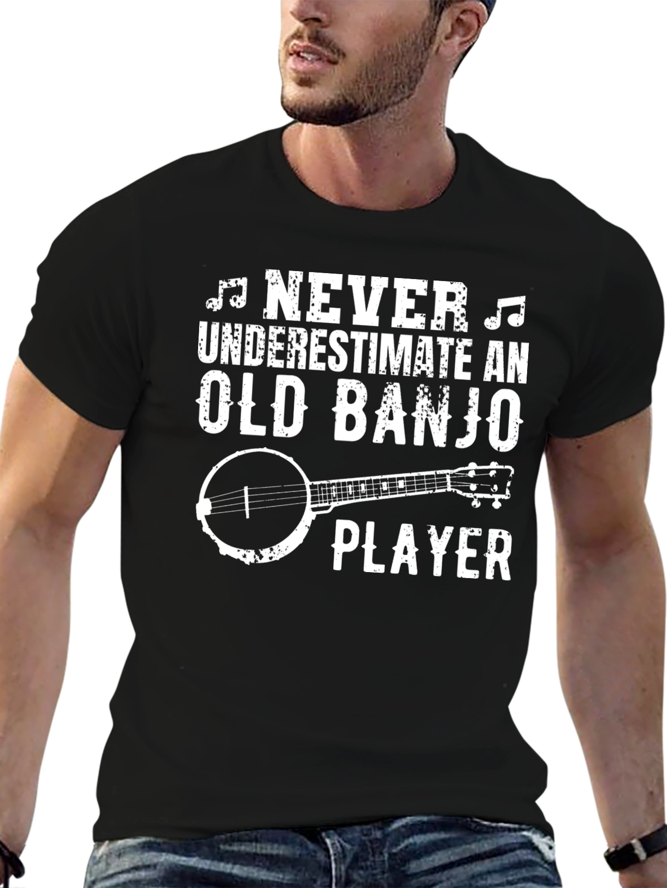 Black Old Banjo Player T-Shirt, Musician Graphic Tee view 6
